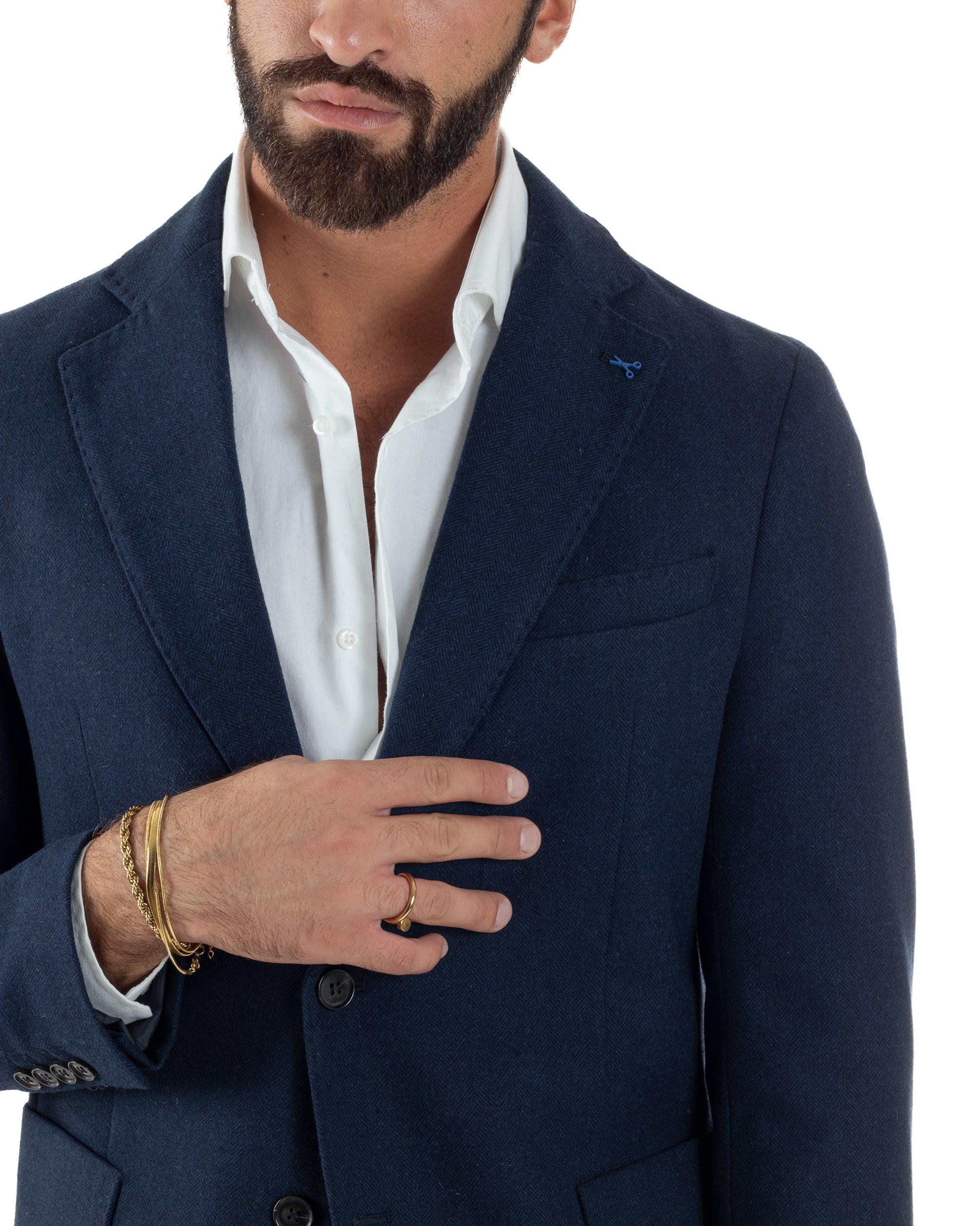 Giacca Uomo Lana Monopetto Spigata Tinta Unita Blu BZ1000A