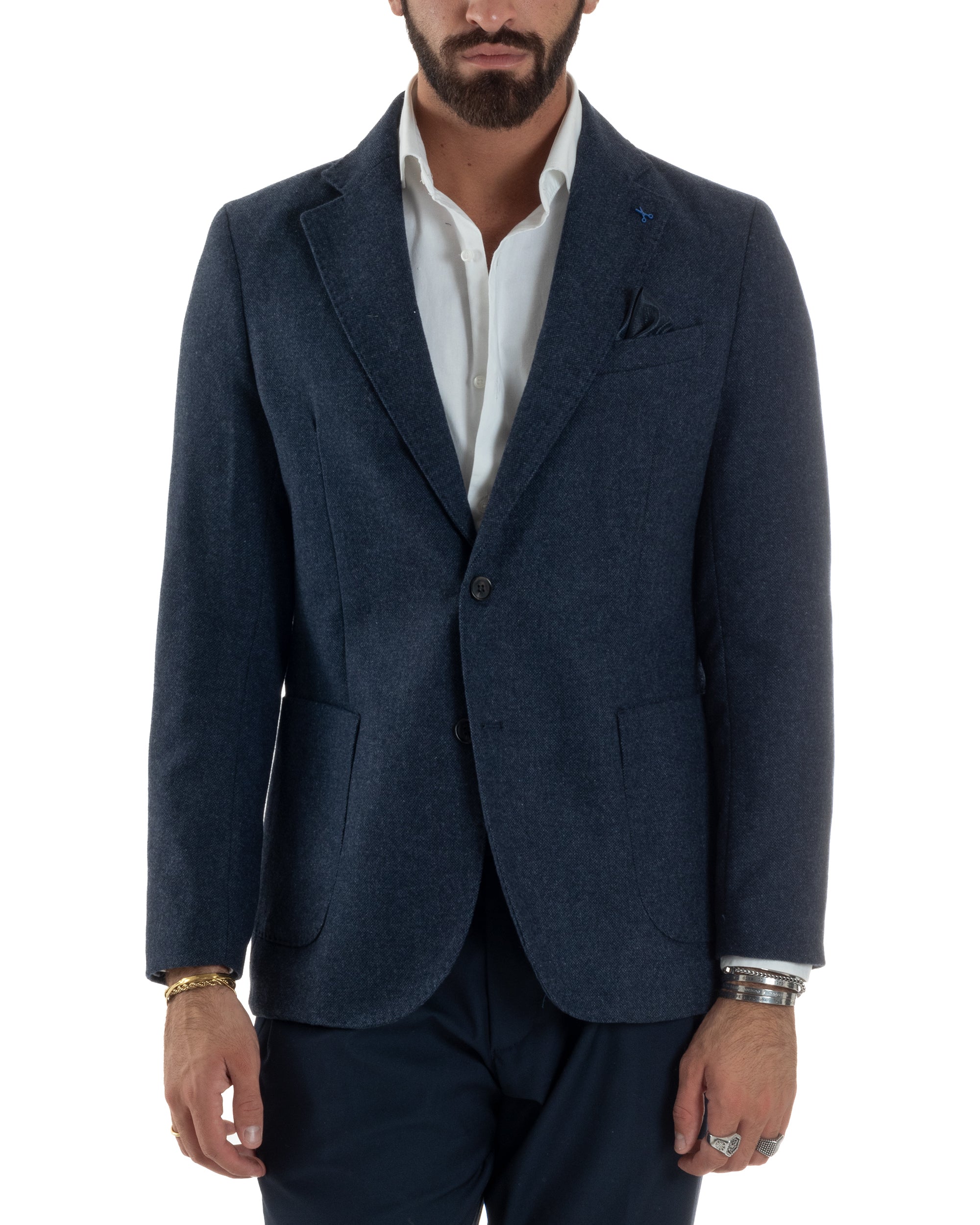Giacca Uomo Lana Monopetto Puntinata Tinta Unita Blu BZ1002A