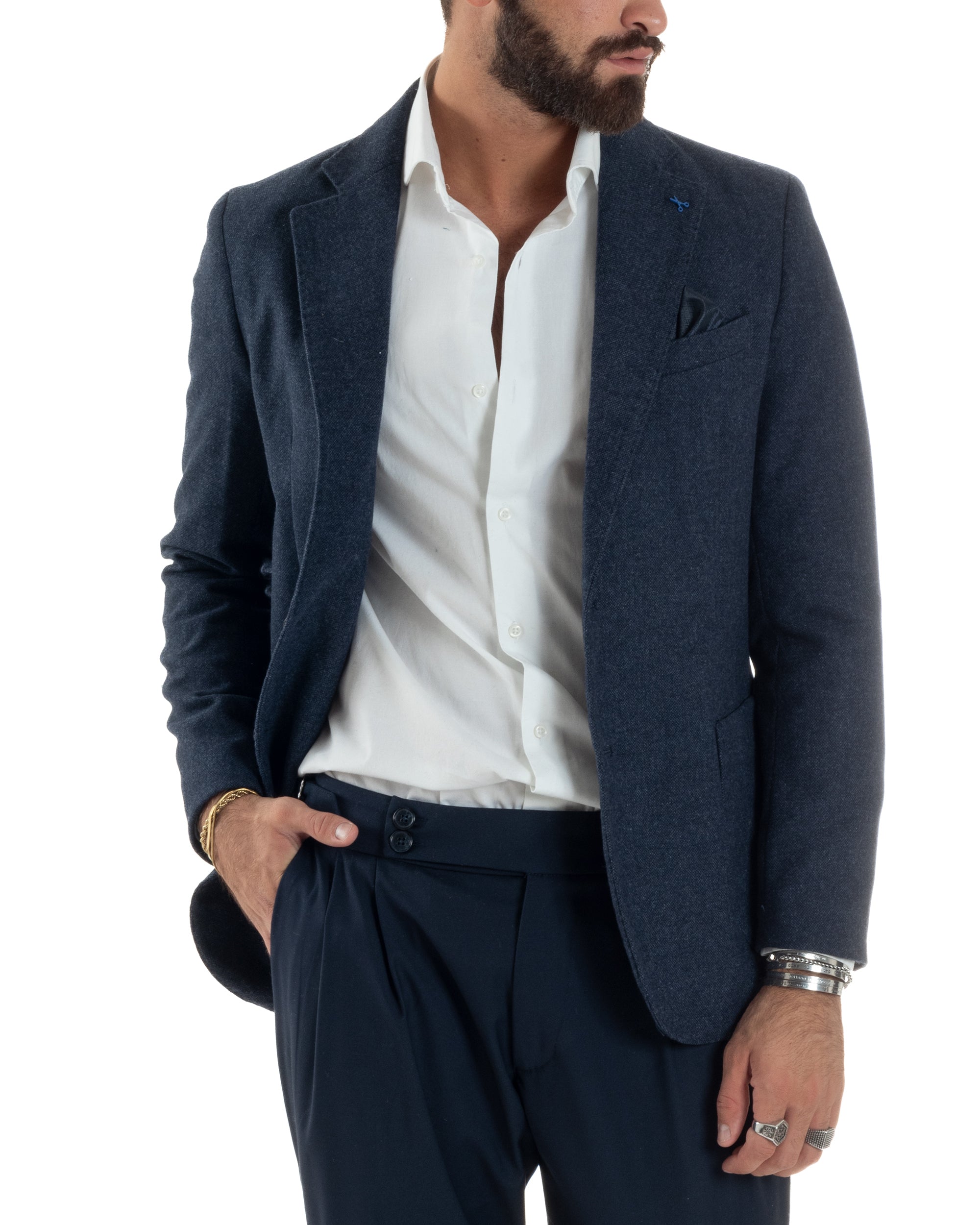 Giacca Uomo Lana Monopetto Puntinata Tinta Unita Blu BZ1002A