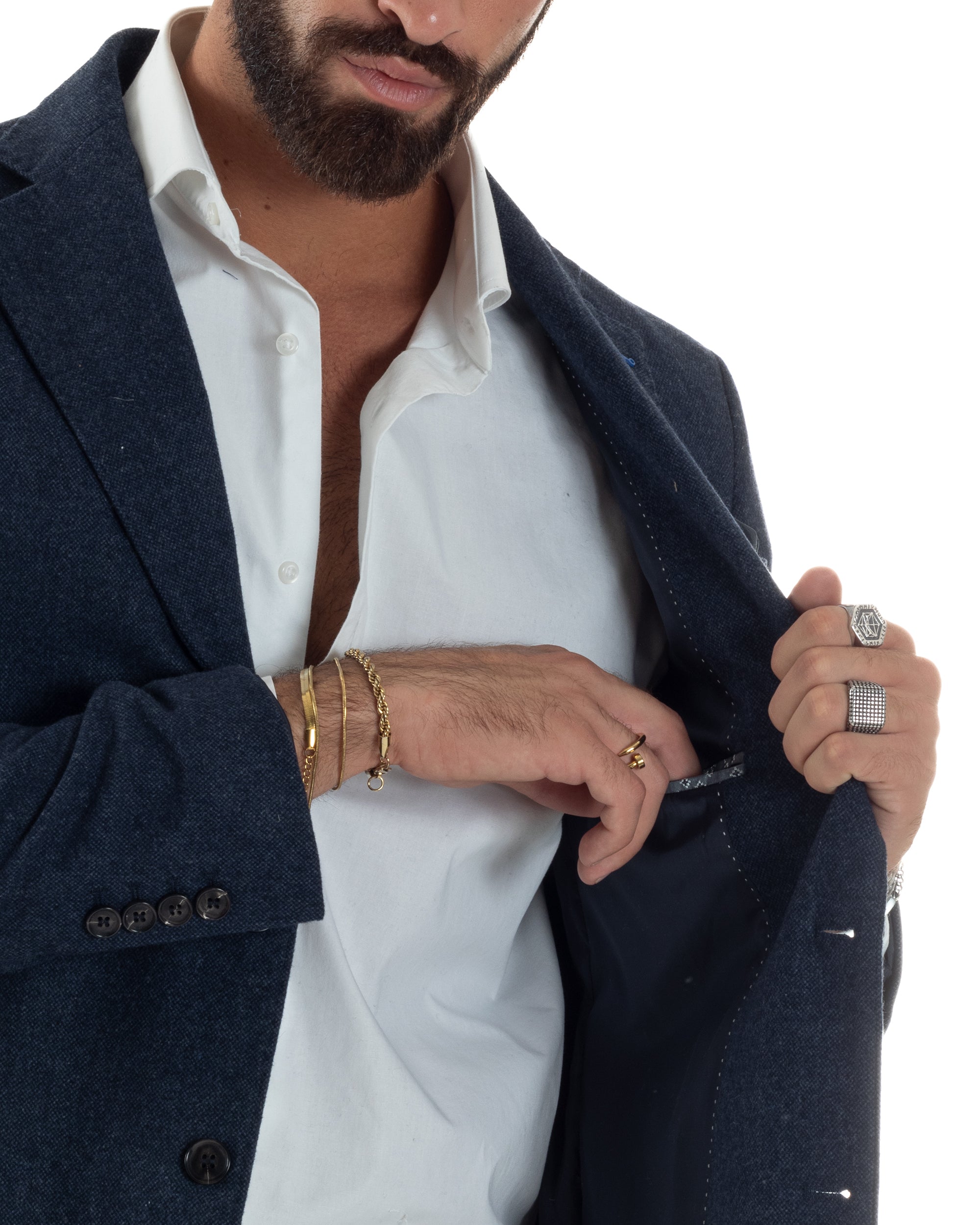 Giacca Uomo Lana Monopetto Puntinata Tinta Unita Blu BZ1002A