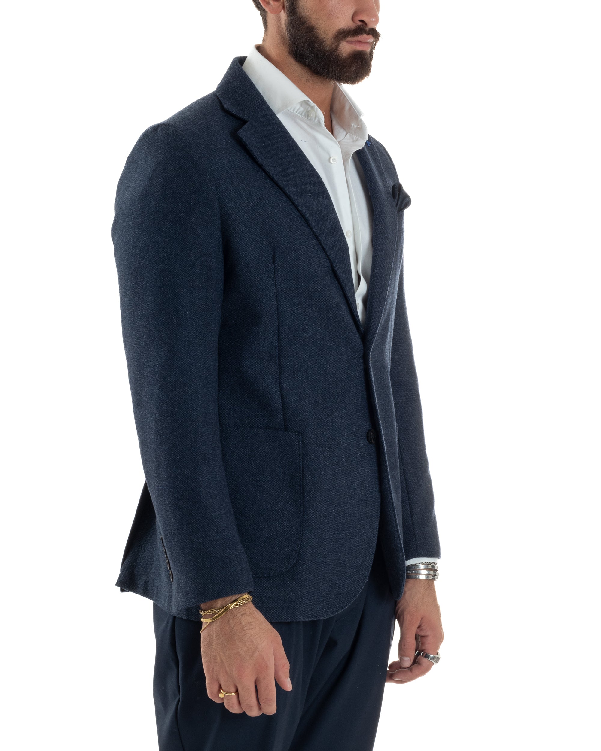 Giacca Uomo Lana Monopetto Puntinata Tinta Unita Blu BZ1002A