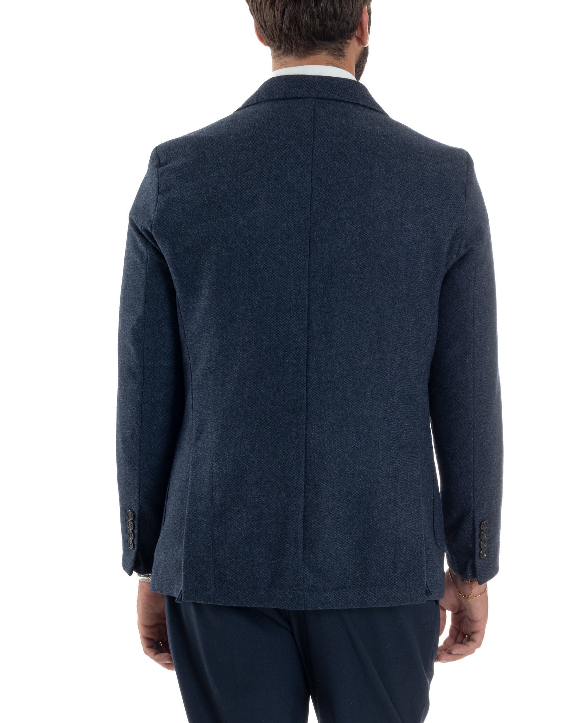 Giacca Uomo Lana Monopetto Puntinata Tinta Unita Blu BZ1002A