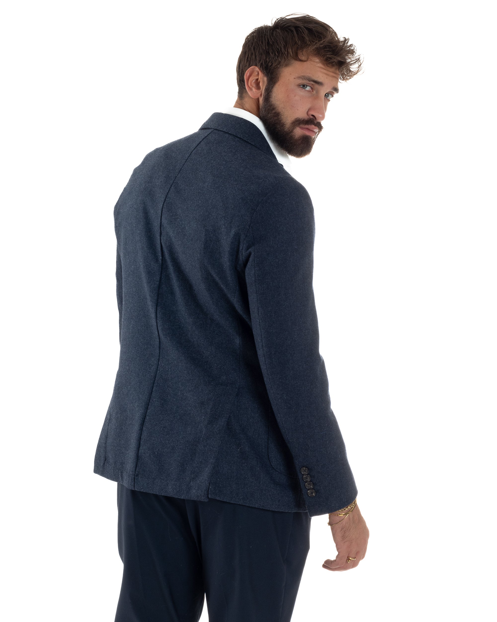 Giacca Uomo Lana Monopetto Puntinata Tinta Unita Blu BZ1002A