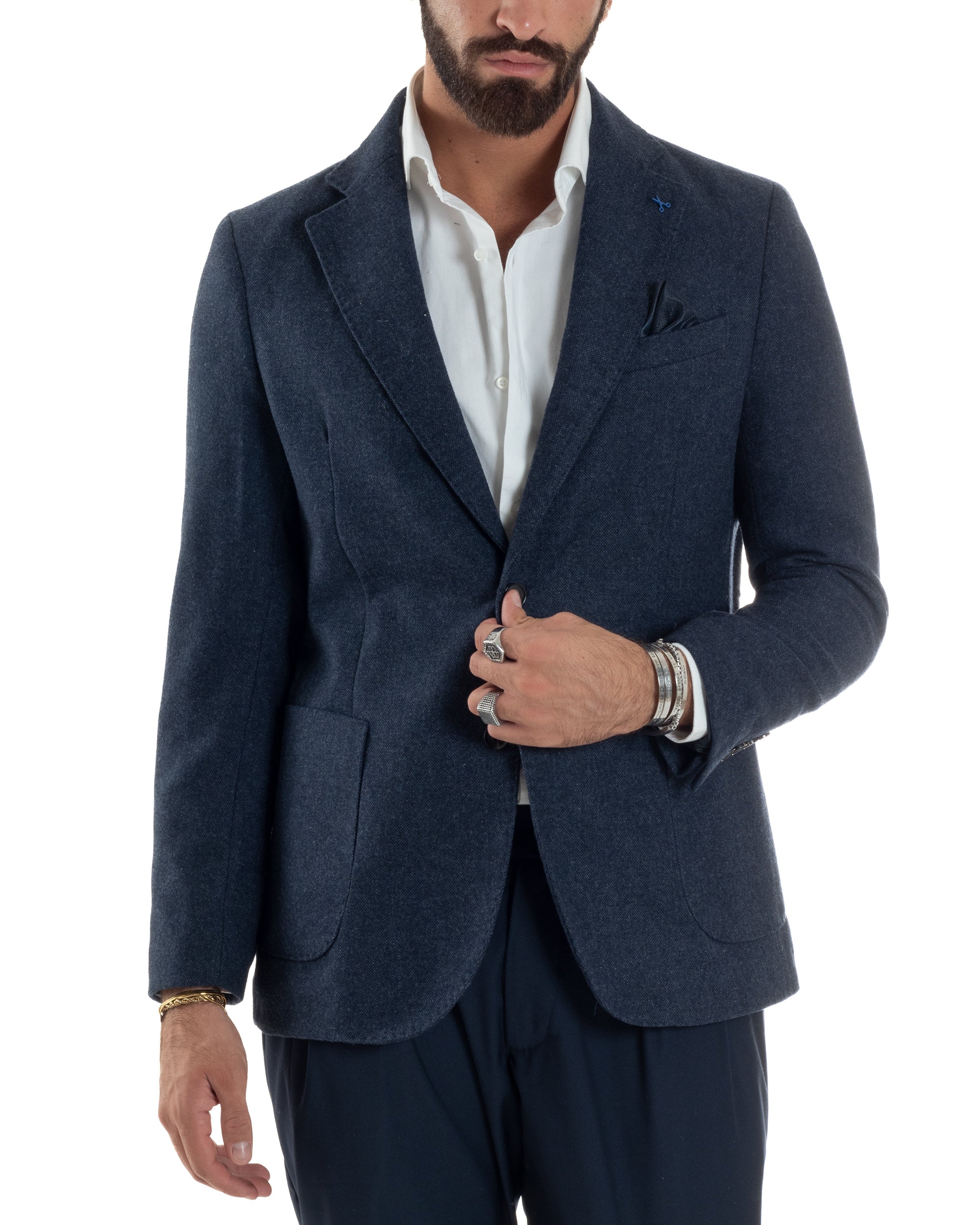 Giacca Uomo Lana Monopetto Puntinata Tinta Unita Blu BZ1002A