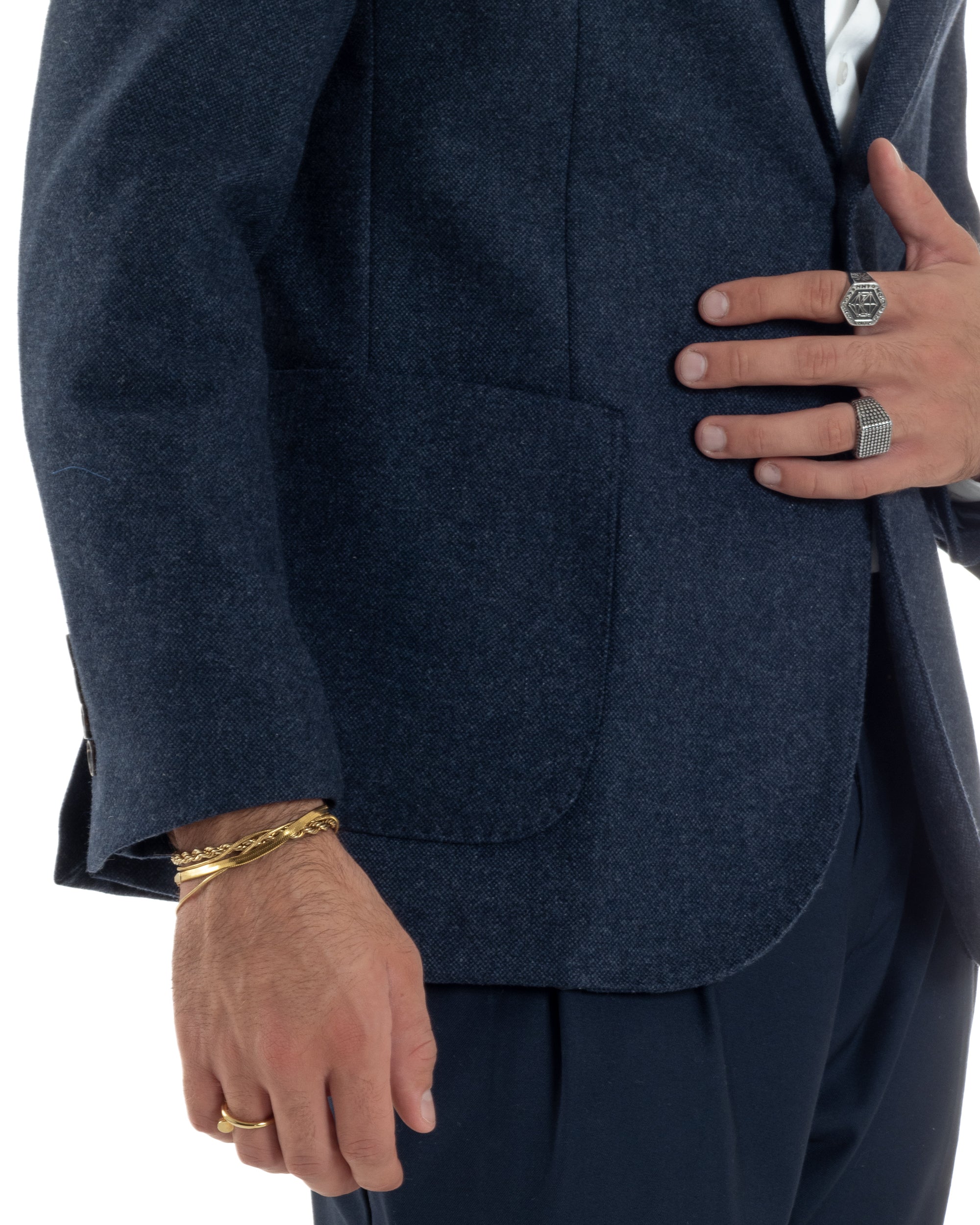 Giacca Uomo Lana Monopetto Puntinata Tinta Unita Blu BZ1002A