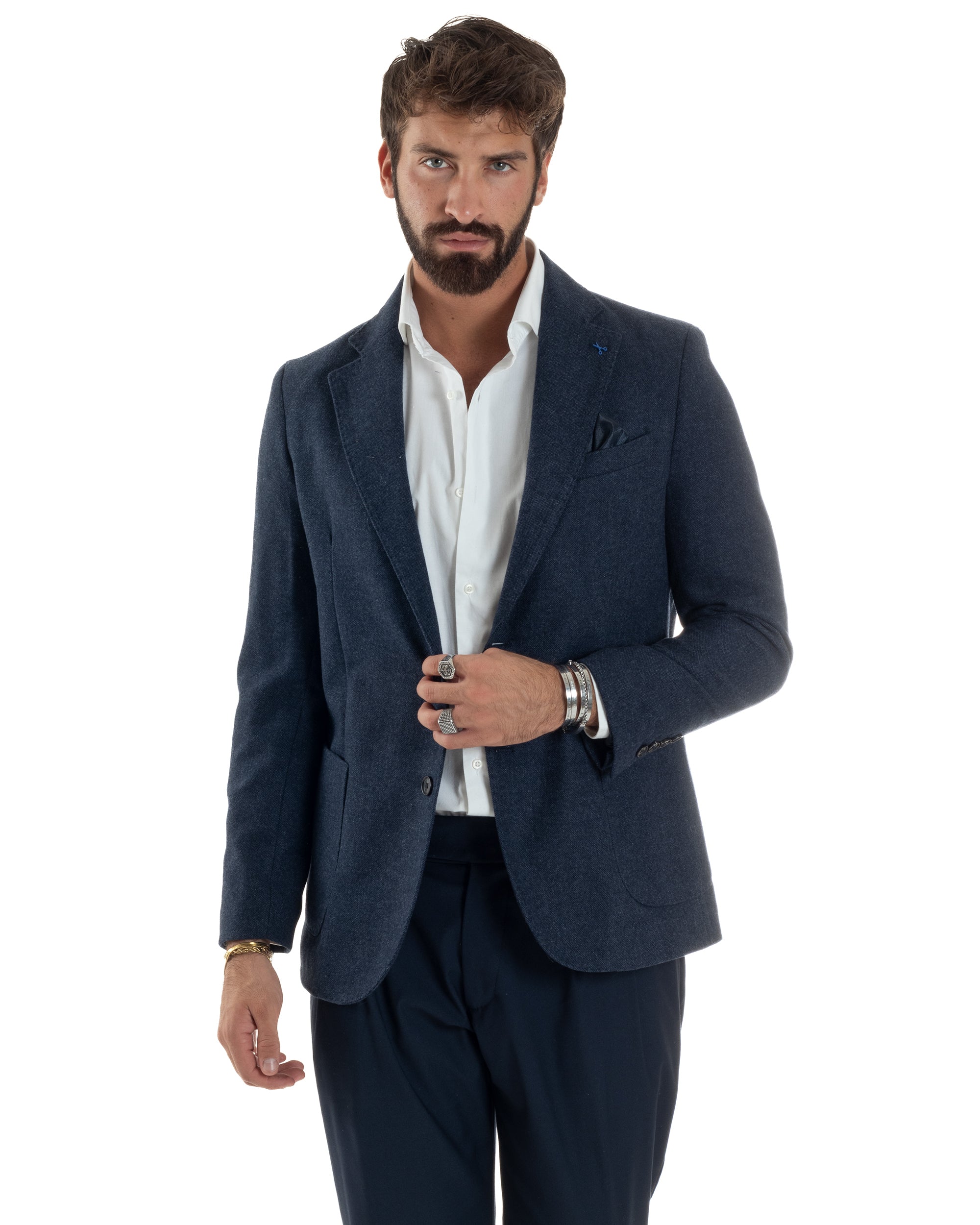 Giacca Uomo Lana Monopetto Puntinata Tinta Unita Blu BZ1002A
