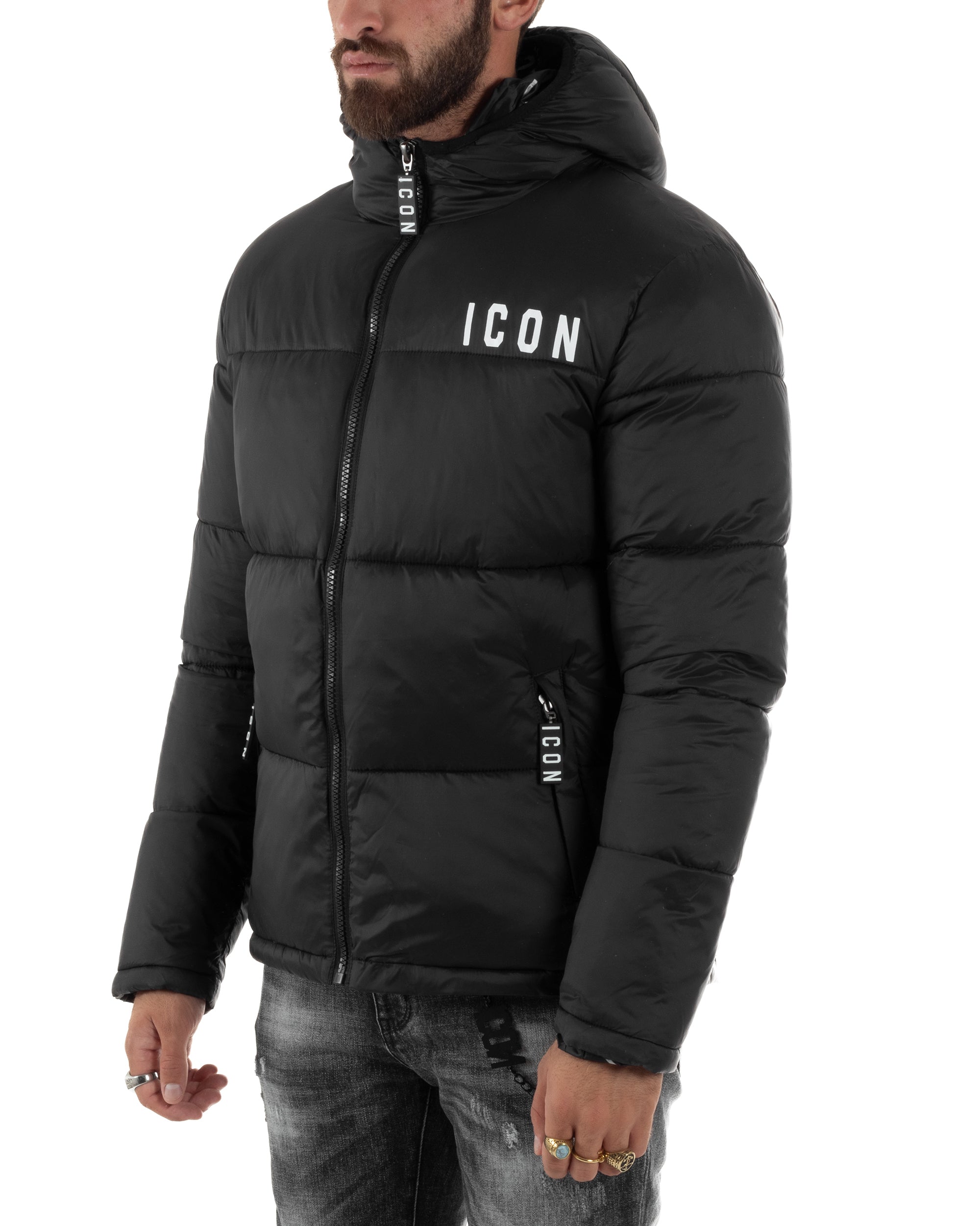 Giubbotto Uomo Piumino Con Cappuccio Bomber Nero ICON ICUF2W6J014