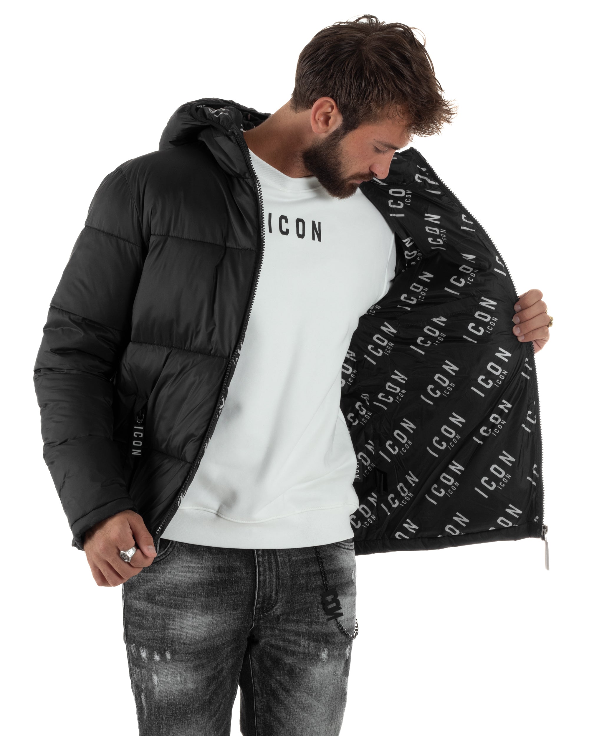 Giubbotto Uomo Piumino Con Cappuccio Bomber Nero ICON ICUF2W6J014