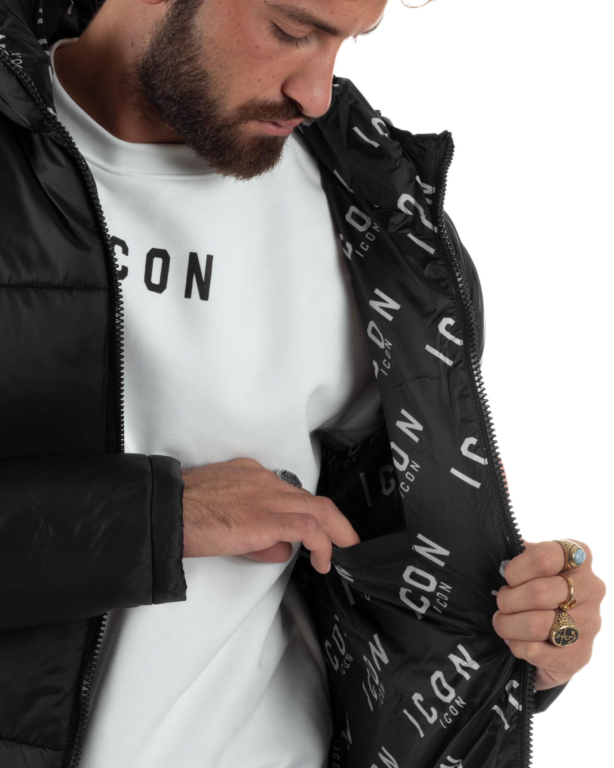Giubbotto Uomo Piumino Con Cappuccio Bomber Nero ICON ICUF2W6J014