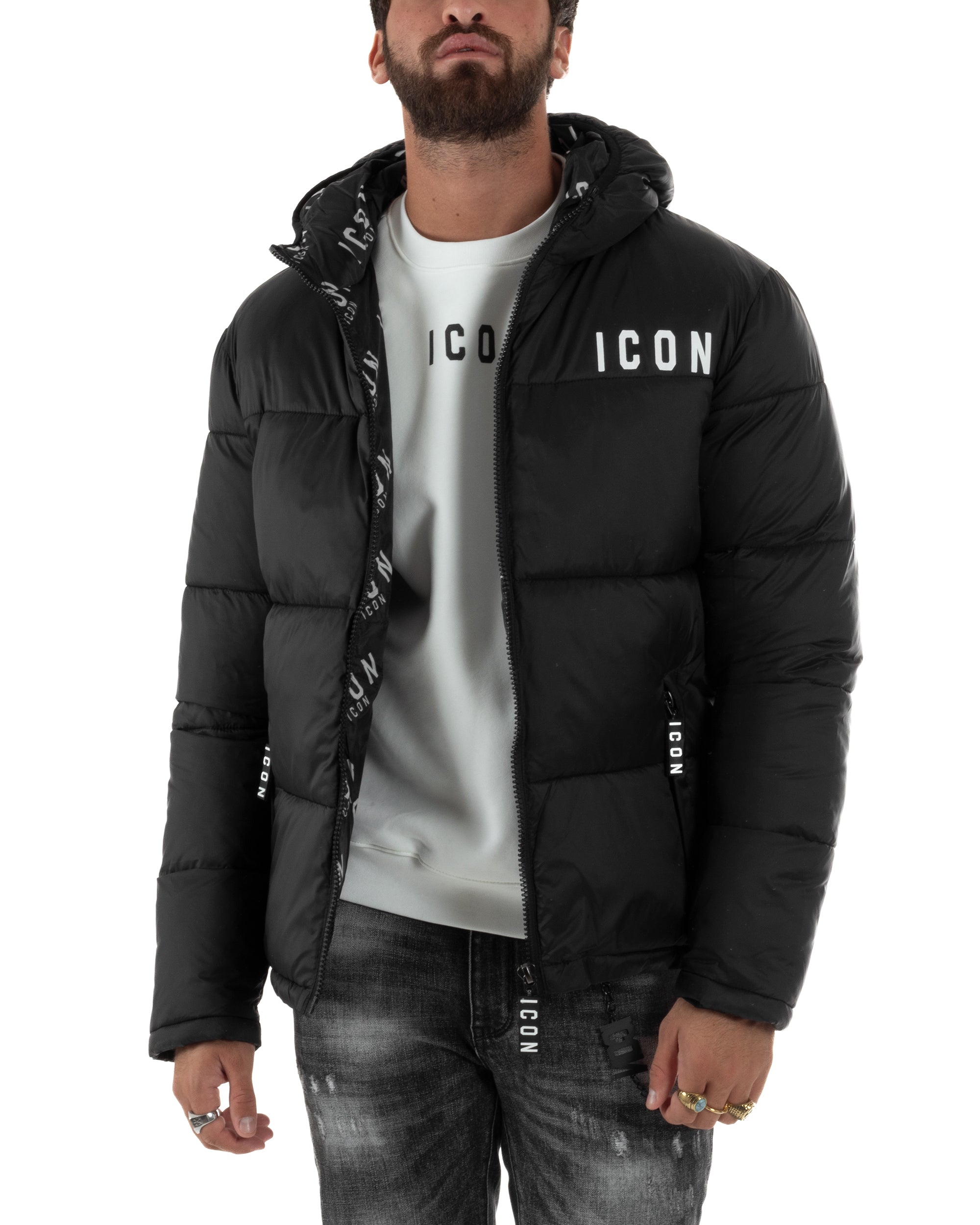 Giubbotto Uomo Piumino Con Cappuccio Bomber Nero ICON ICUF2W6J014