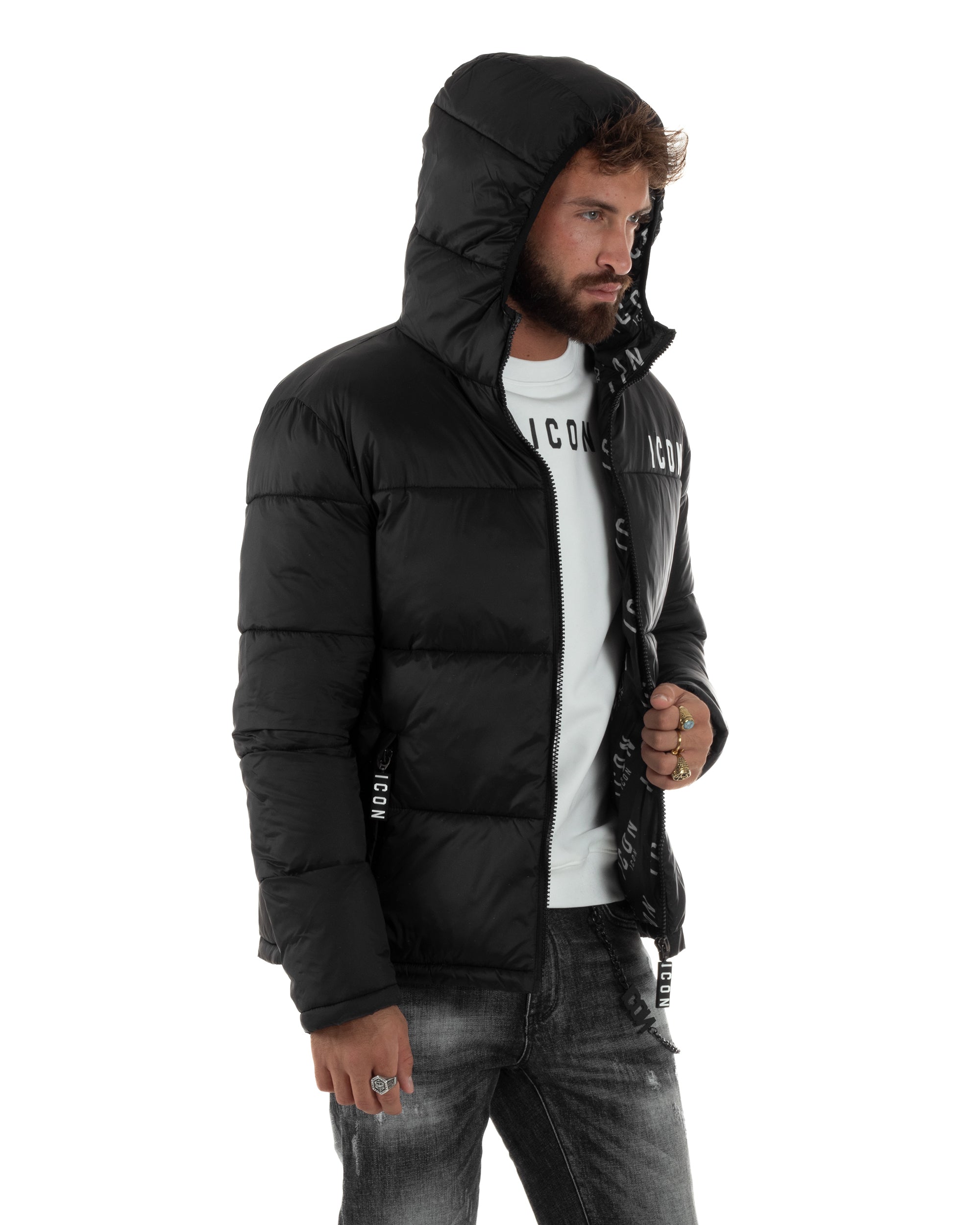 Giubbotto Uomo Piumino Con Cappuccio Bomber Nero ICON ICUF2W6J014