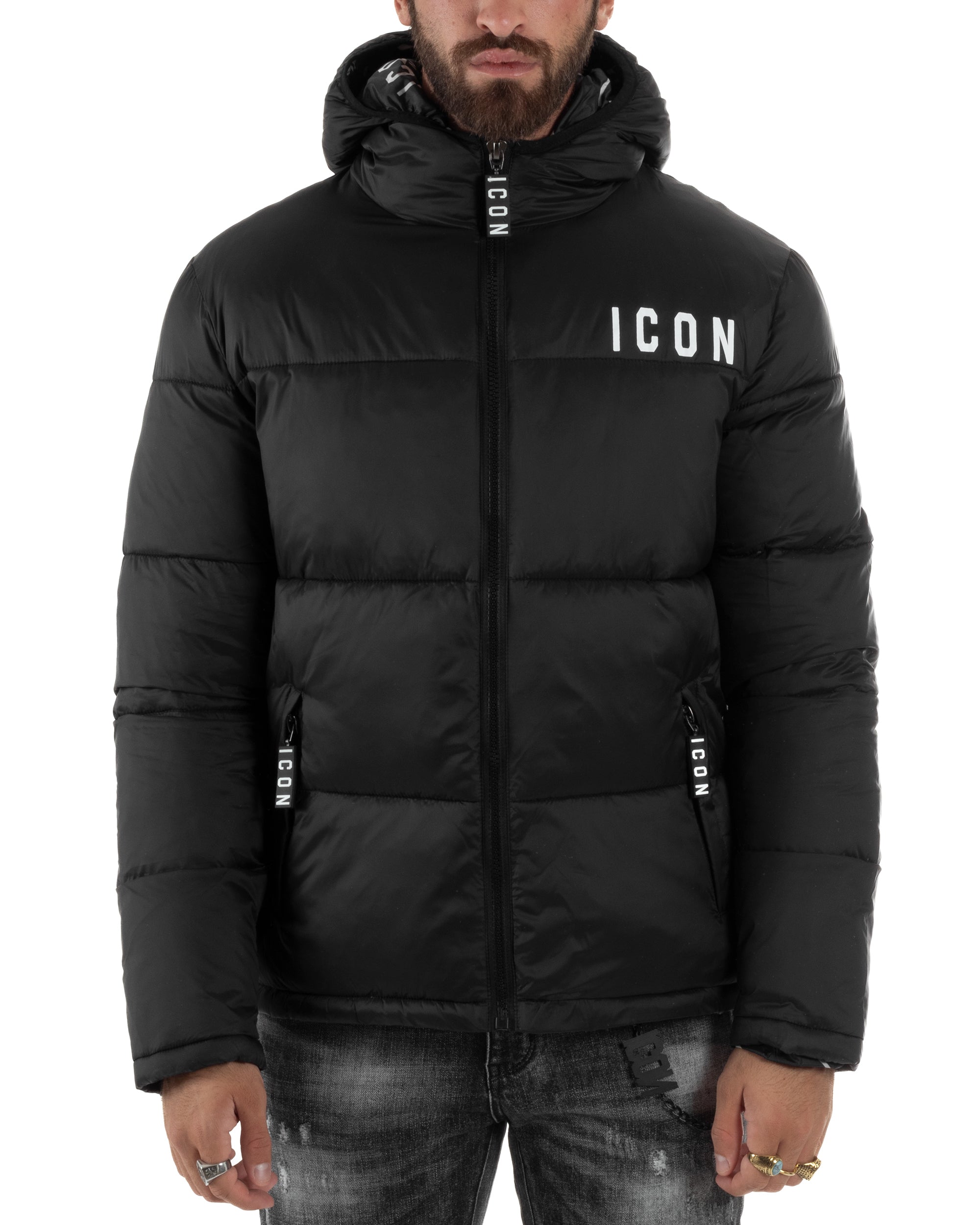 Giubbotto Uomo Piumino Con Cappuccio Bomber Nero ICON ICUF2W6J014