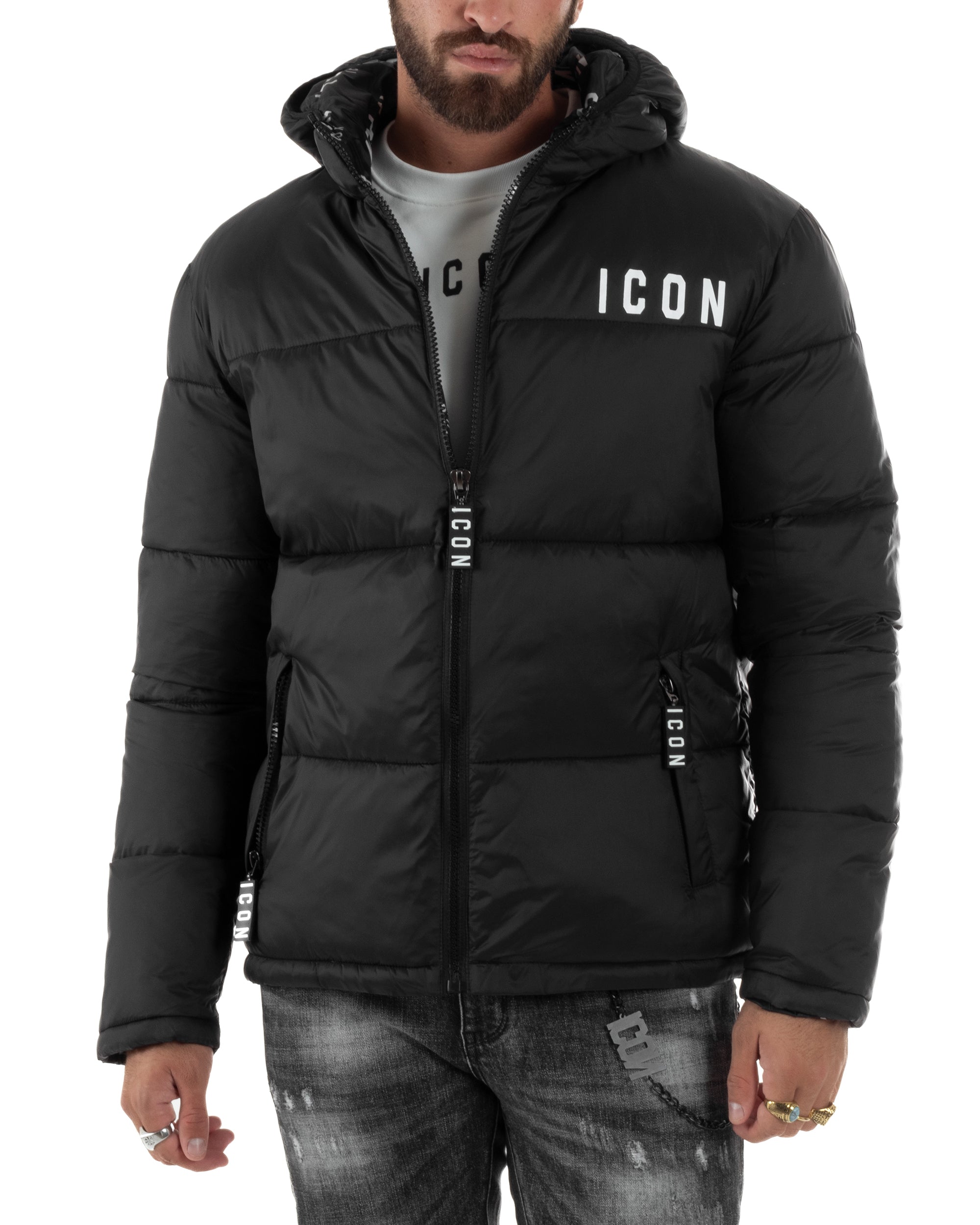 Giubbotto Uomo Piumino Con Cappuccio Bomber Nero ICON ICUF2W6J014