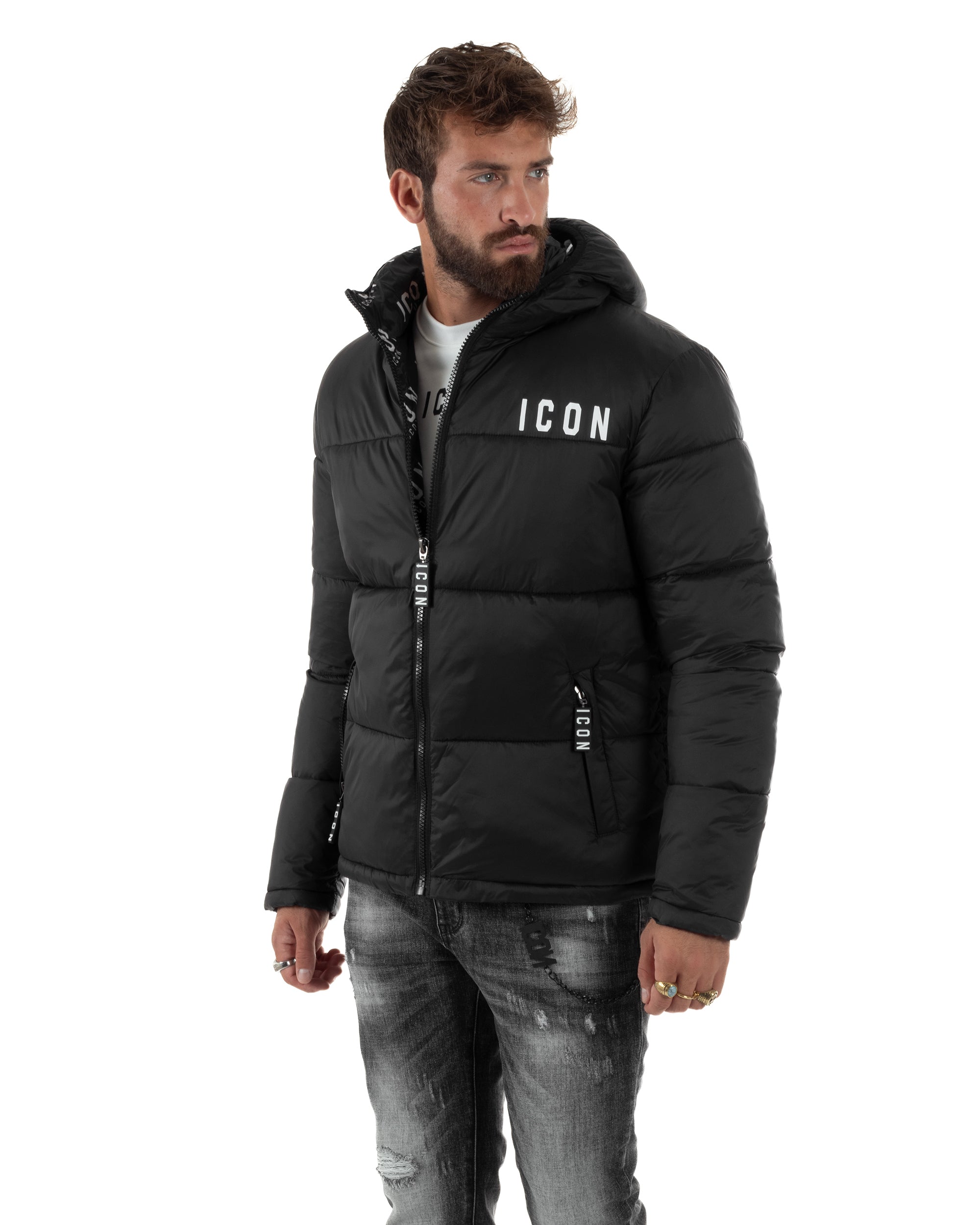 Giubbotto Uomo Piumino Con Cappuccio Bomber Nero ICON ICUF2W6J014