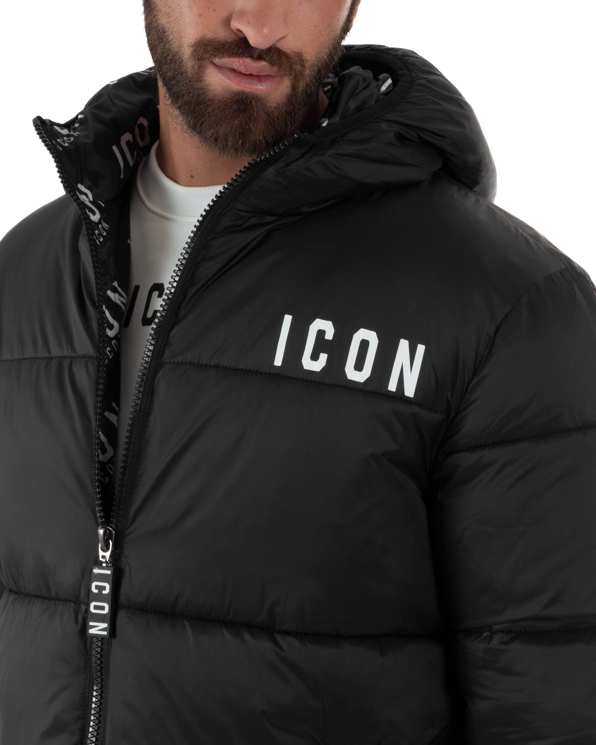 Giubbotto Uomo Piumino Con Cappuccio Bomber Nero ICON ICUF2W6J014