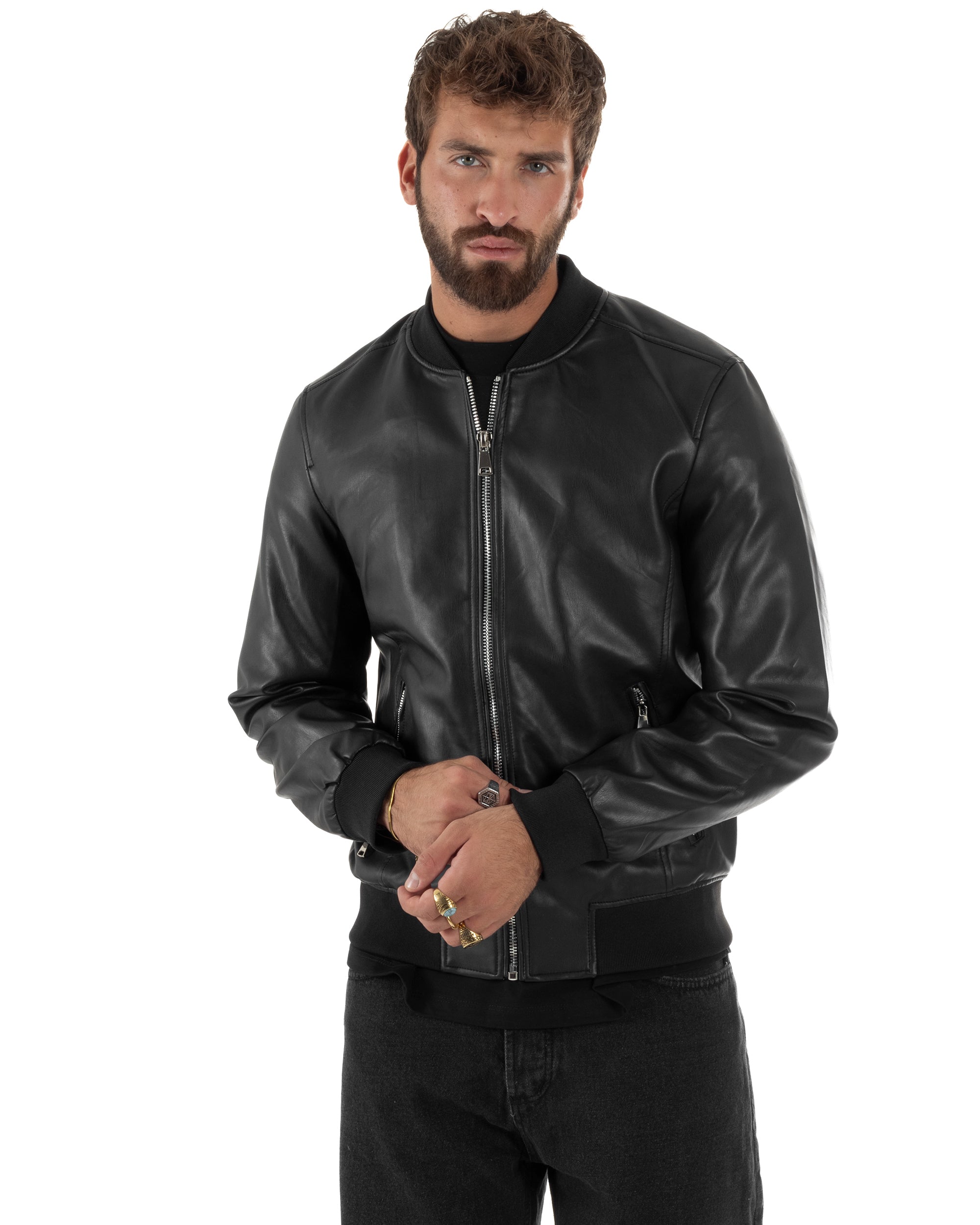 Giubbotto Uomo College Ecopelle Vintage Biker Basic Imbottito Nero G3337A
