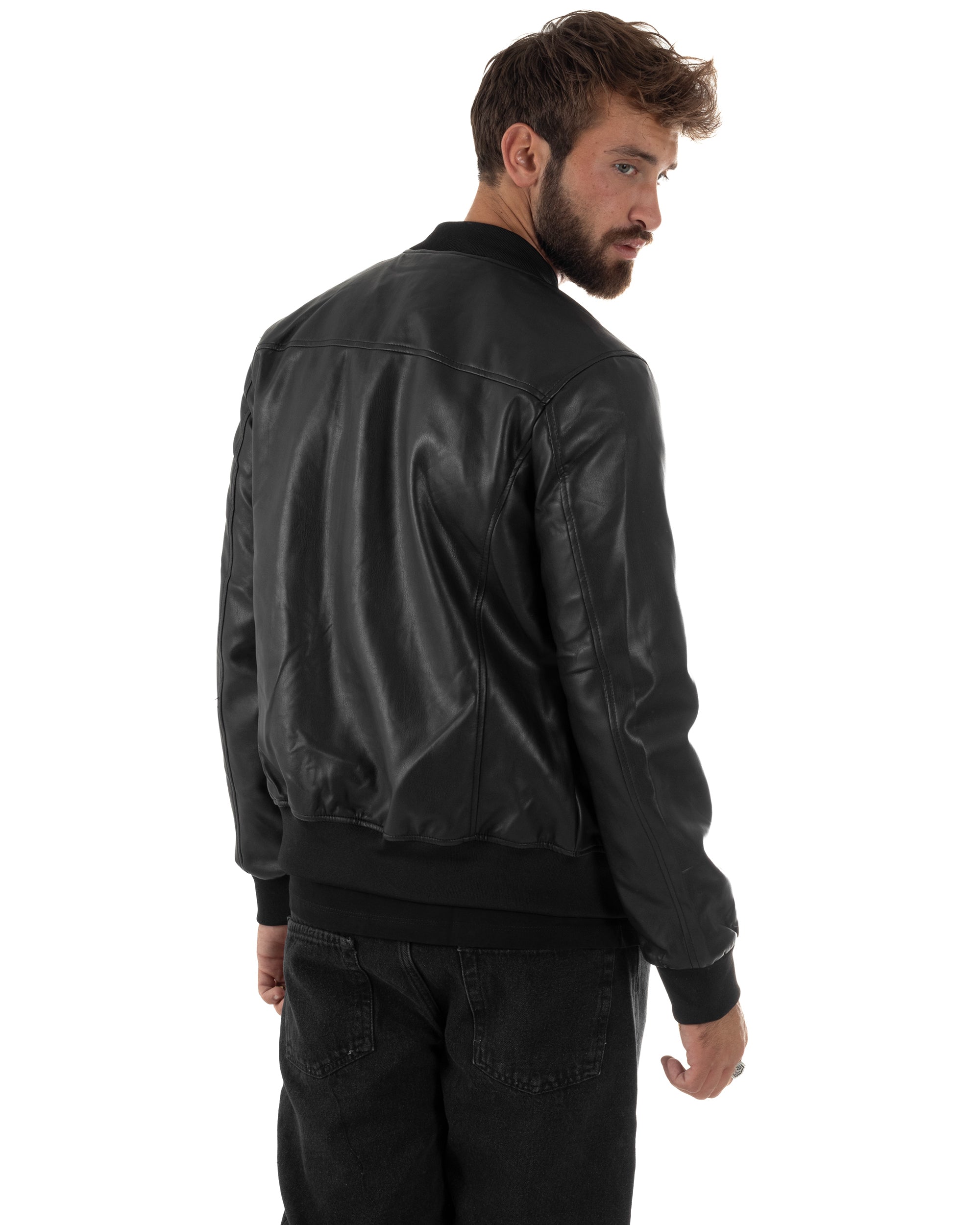 Giubbotto Uomo College Ecopelle Vintage Biker Basic Imbottito Nero G3337A