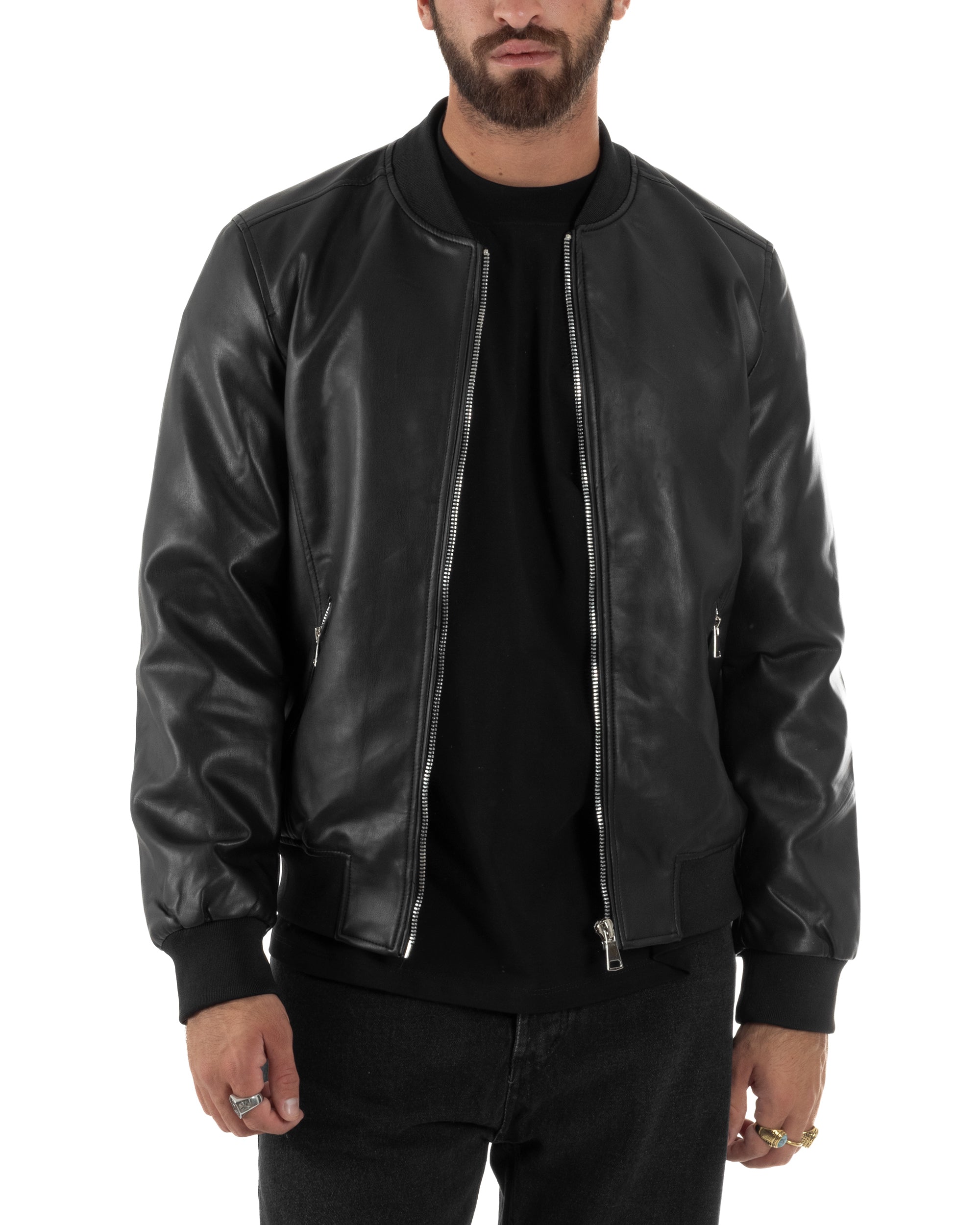 Giubbotto Uomo College Ecopelle Vintage Biker Basic Imbottito Nero G3337A