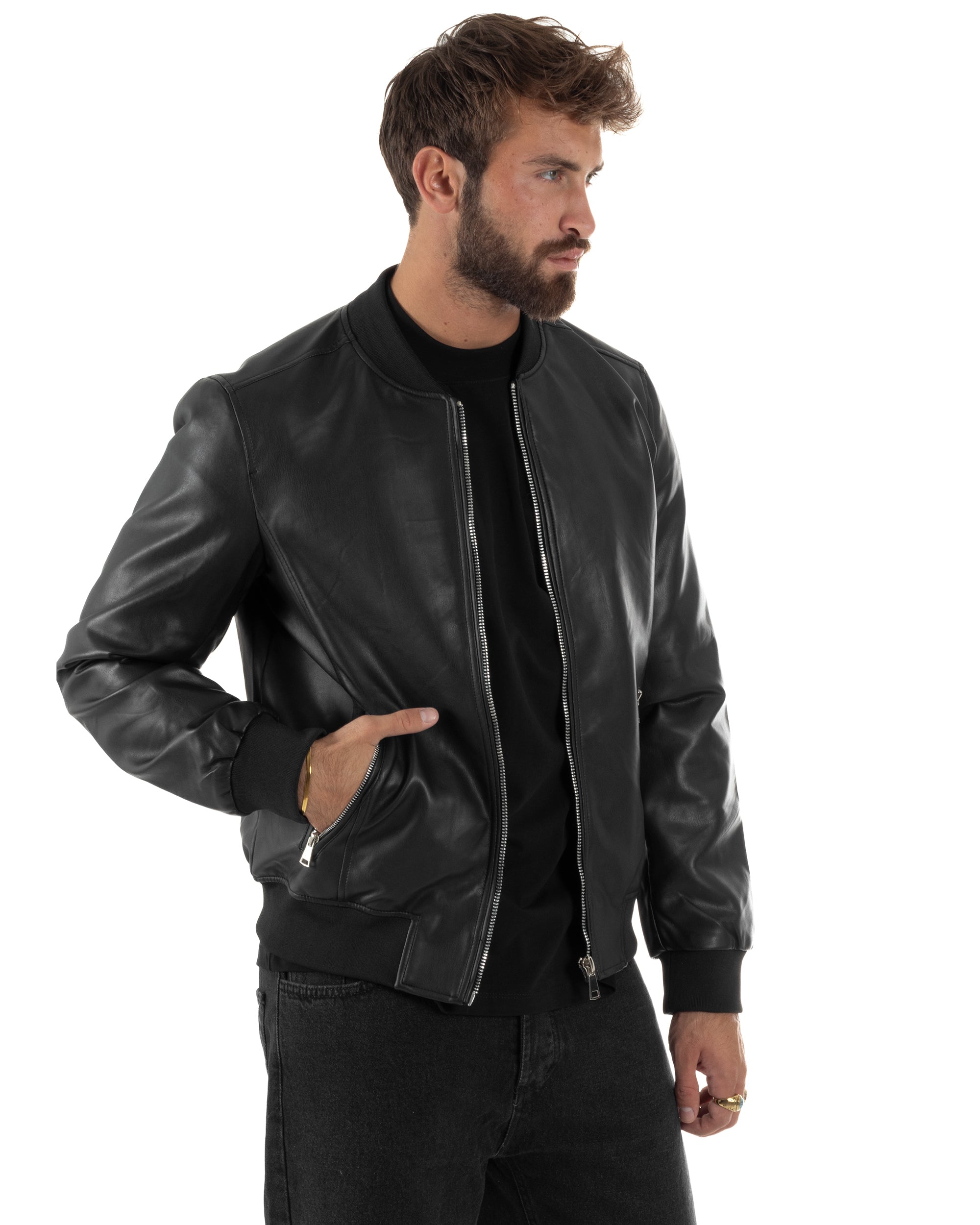 Giubbotto Uomo College Ecopelle Vintage Biker Basic Imbottito Nero G3337A