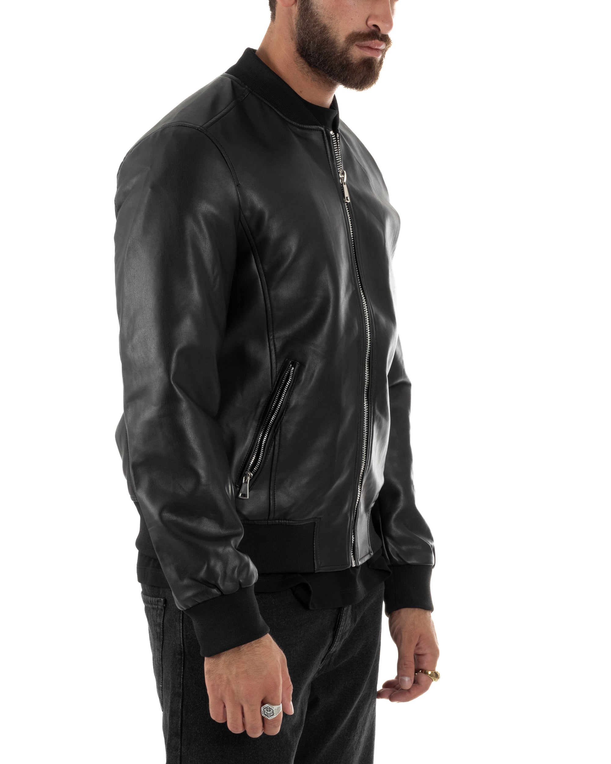 Giubbotto Uomo College Ecopelle Vintage Biker Basic Imbottito Nero G3337A