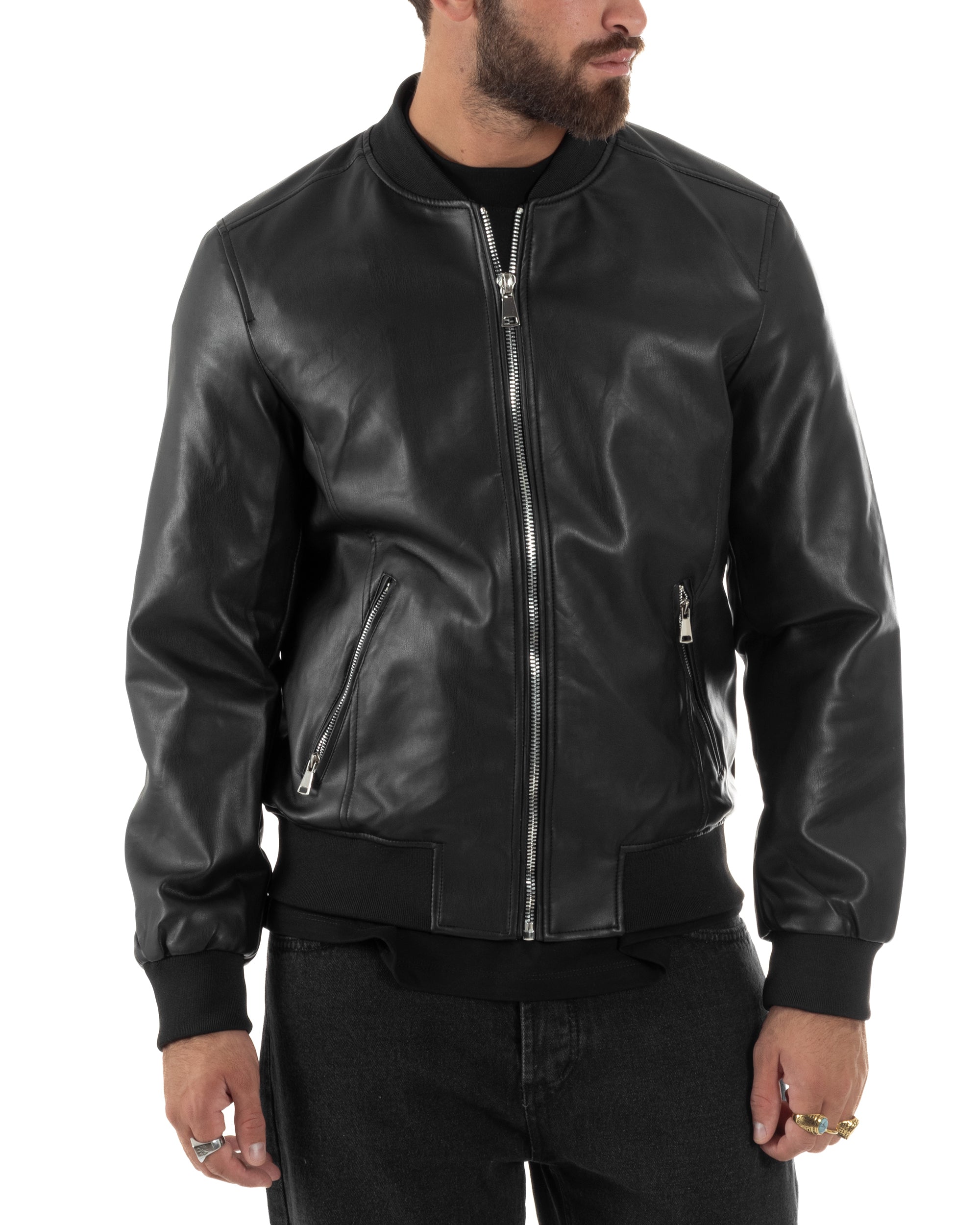 Giubbotto Uomo College Ecopelle Vintage Biker Basic Imbottito Nero G3337A