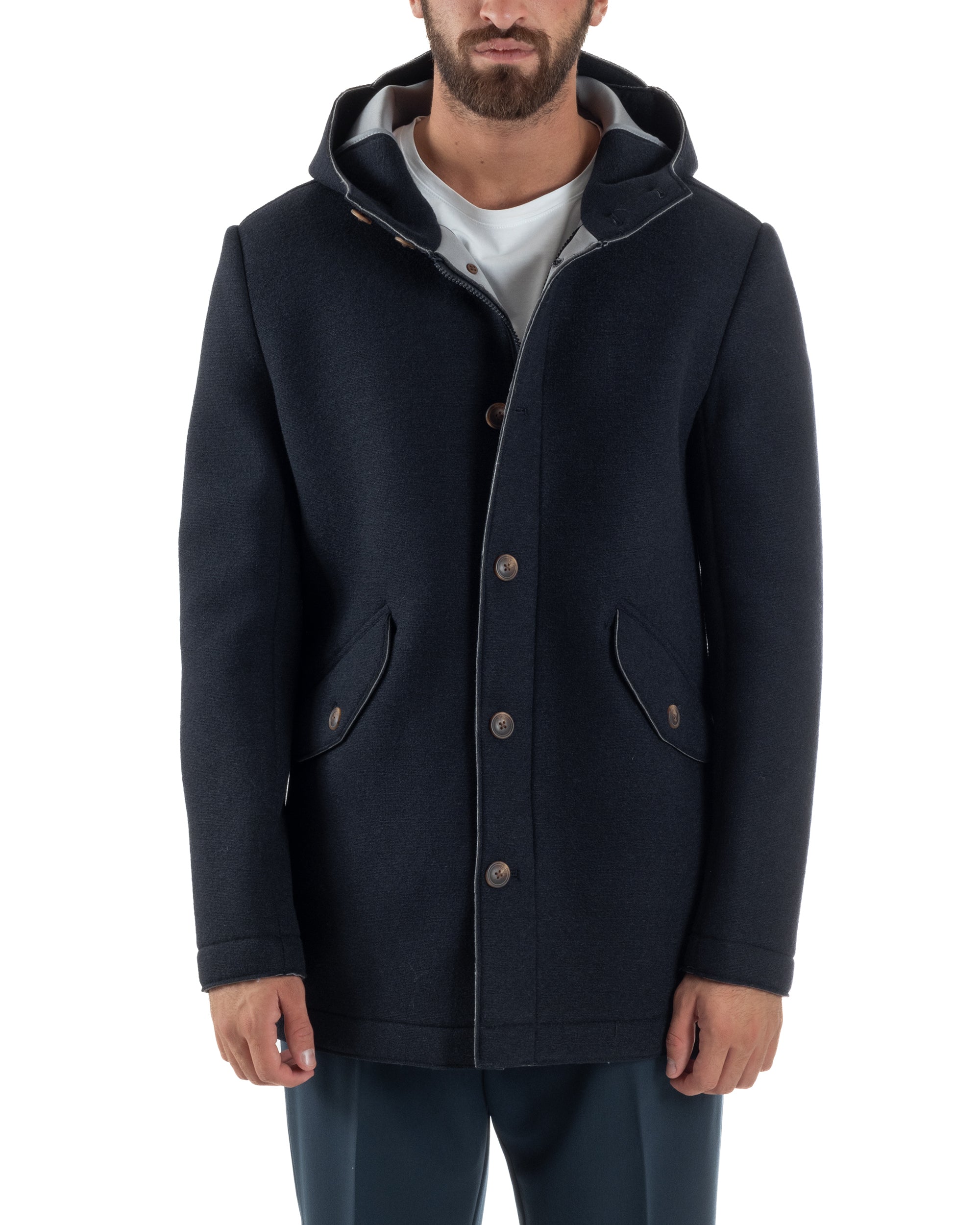 Cappotto Uomo Parka Lungo Cappuccio Tessuto Scuba Lana Blu Over-D OC1F2W5J35