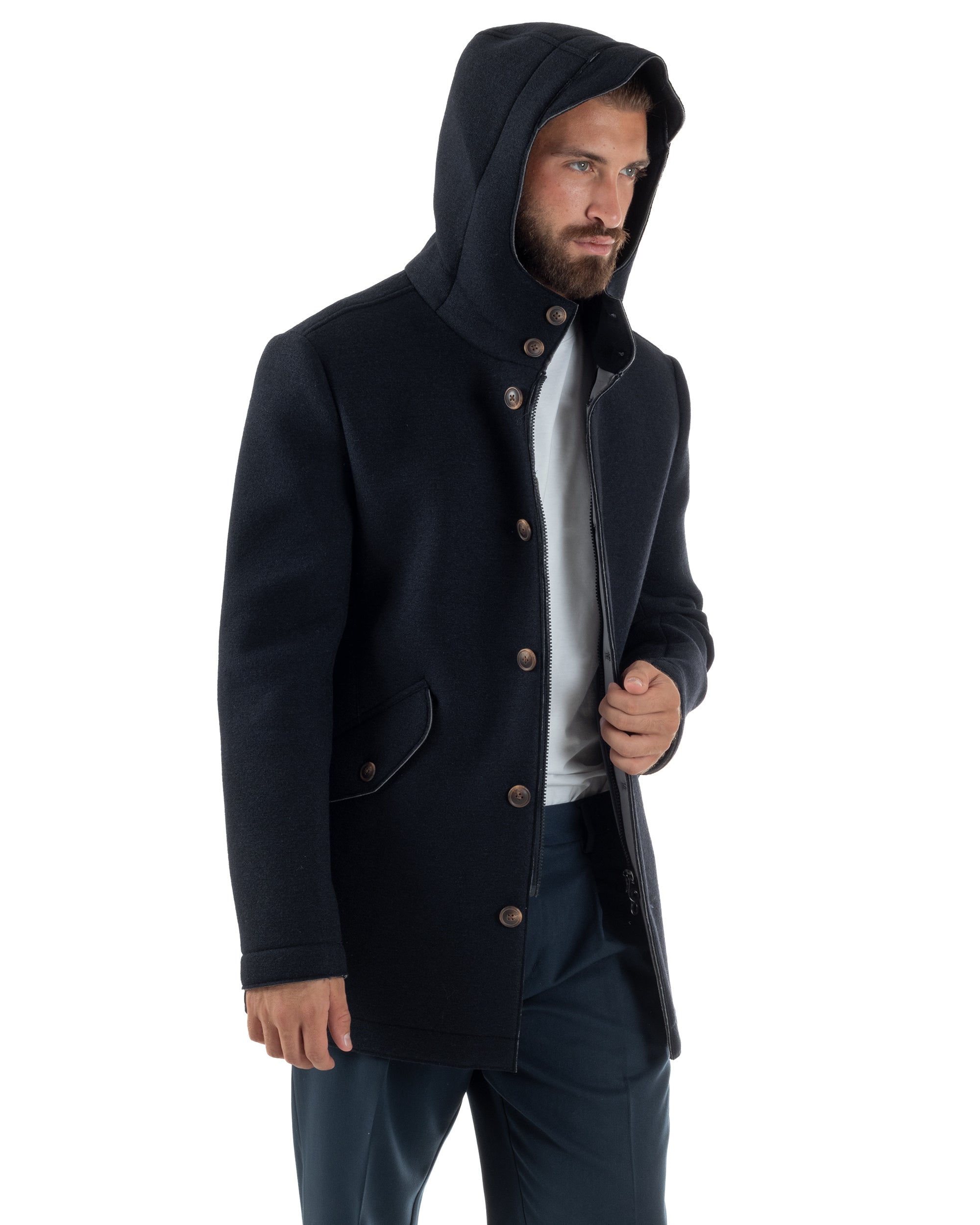 Cappotto Uomo Parka Lungo Cappuccio Tessuto Scuba Lana Blu Over-D OC1F2W5J35