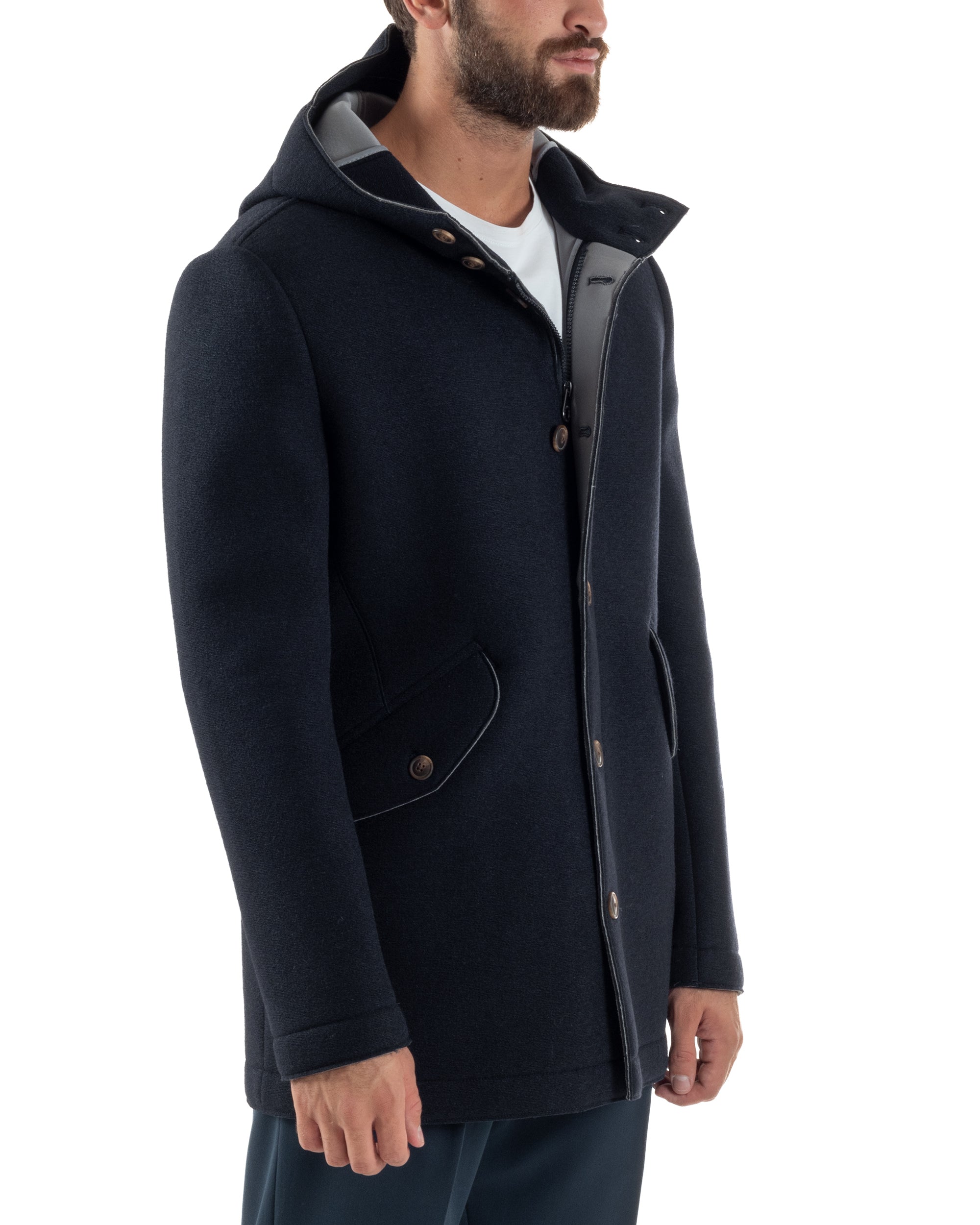 Cappotto Uomo Parka Lungo Cappuccio Tessuto Scuba Lana Blu Over-D OC1F2W5J35