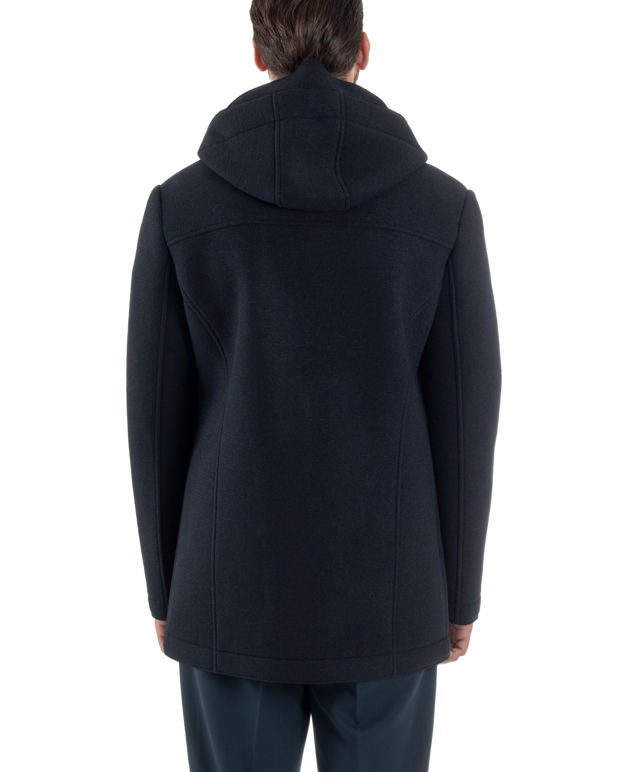 Cappotto Uomo Parka Lungo Cappuccio Tessuto Scuba Lana Blu Over-D OC1F2W5J35