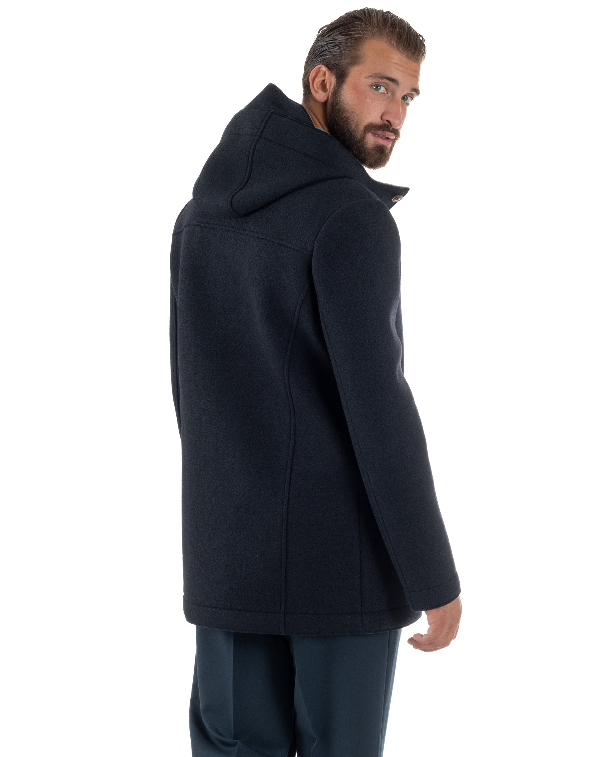 Cappotto Uomo Parka Lungo Cappuccio Tessuto Scuba Lana Blu Over-D OC1F2W5J35