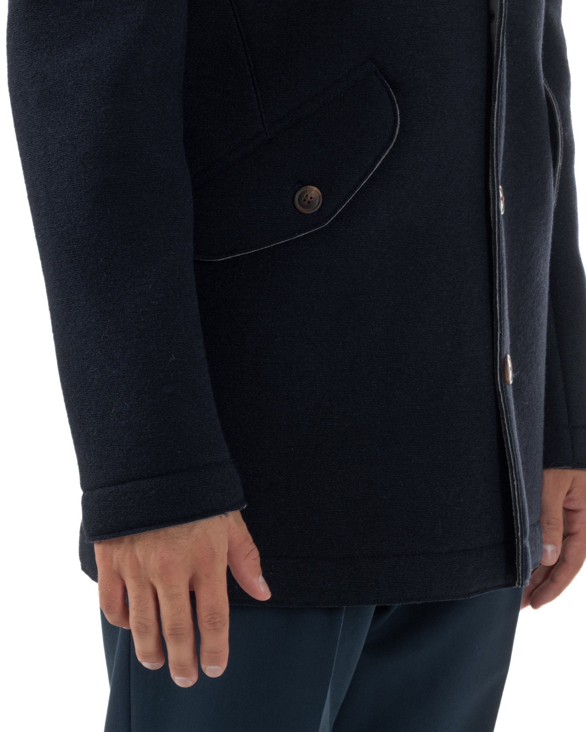 Cappotto Uomo Parka Lungo Cappuccio Tessuto Scuba Lana Blu Over-D OC1F2W5J35