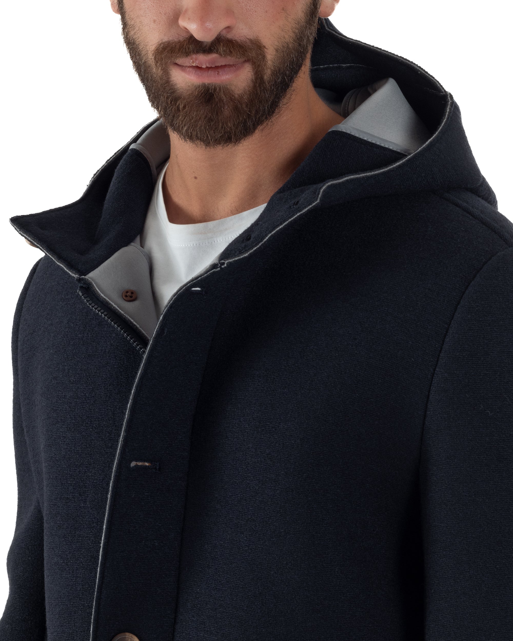 Cappotto Uomo Parka Lungo Cappuccio Tessuto Scuba Lana Blu Over-D OC1F2W5J35