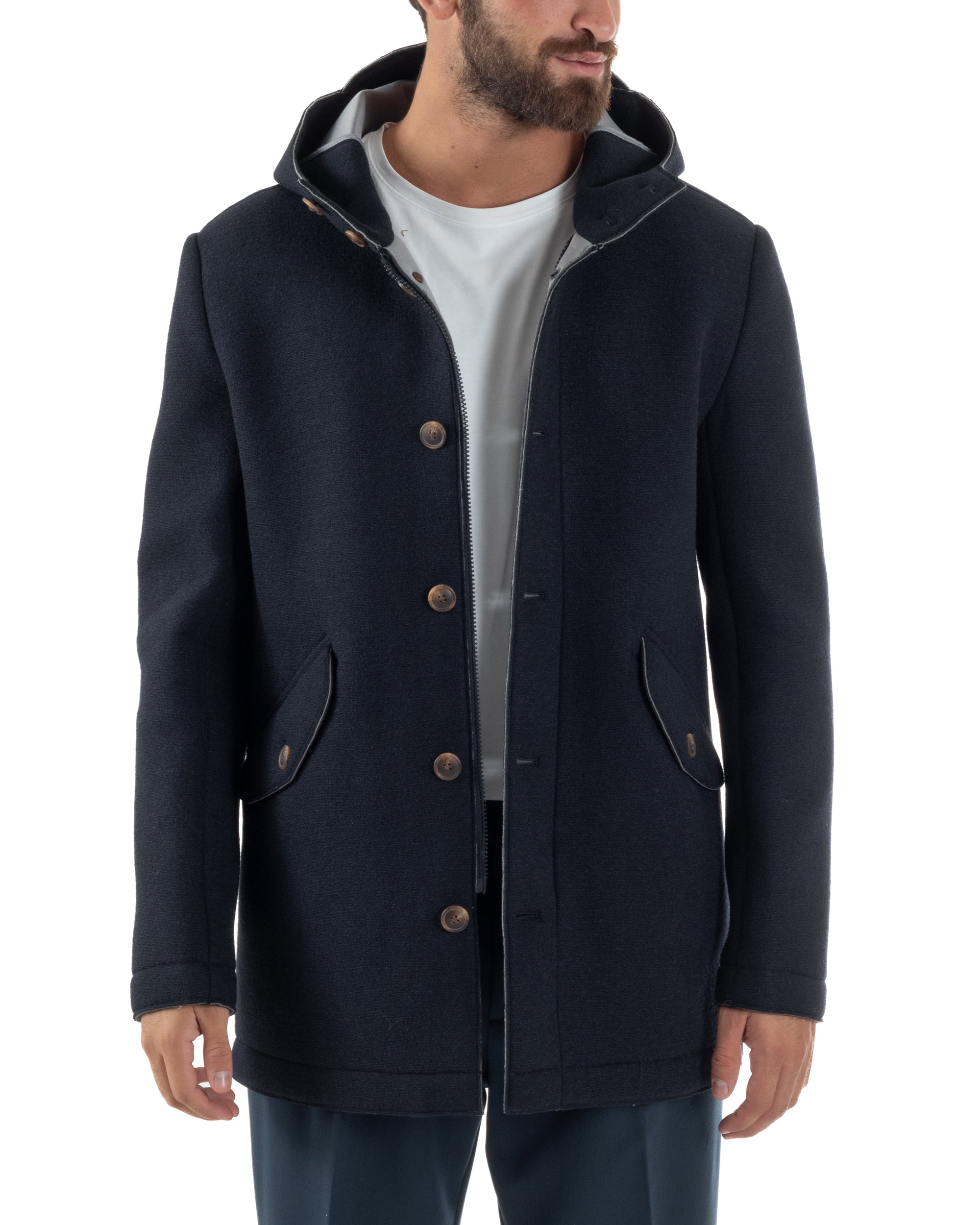 Cappotto Uomo Parka Lungo Cappuccio Tessuto Scuba Lana Blu Over-D OC1F2W5J35