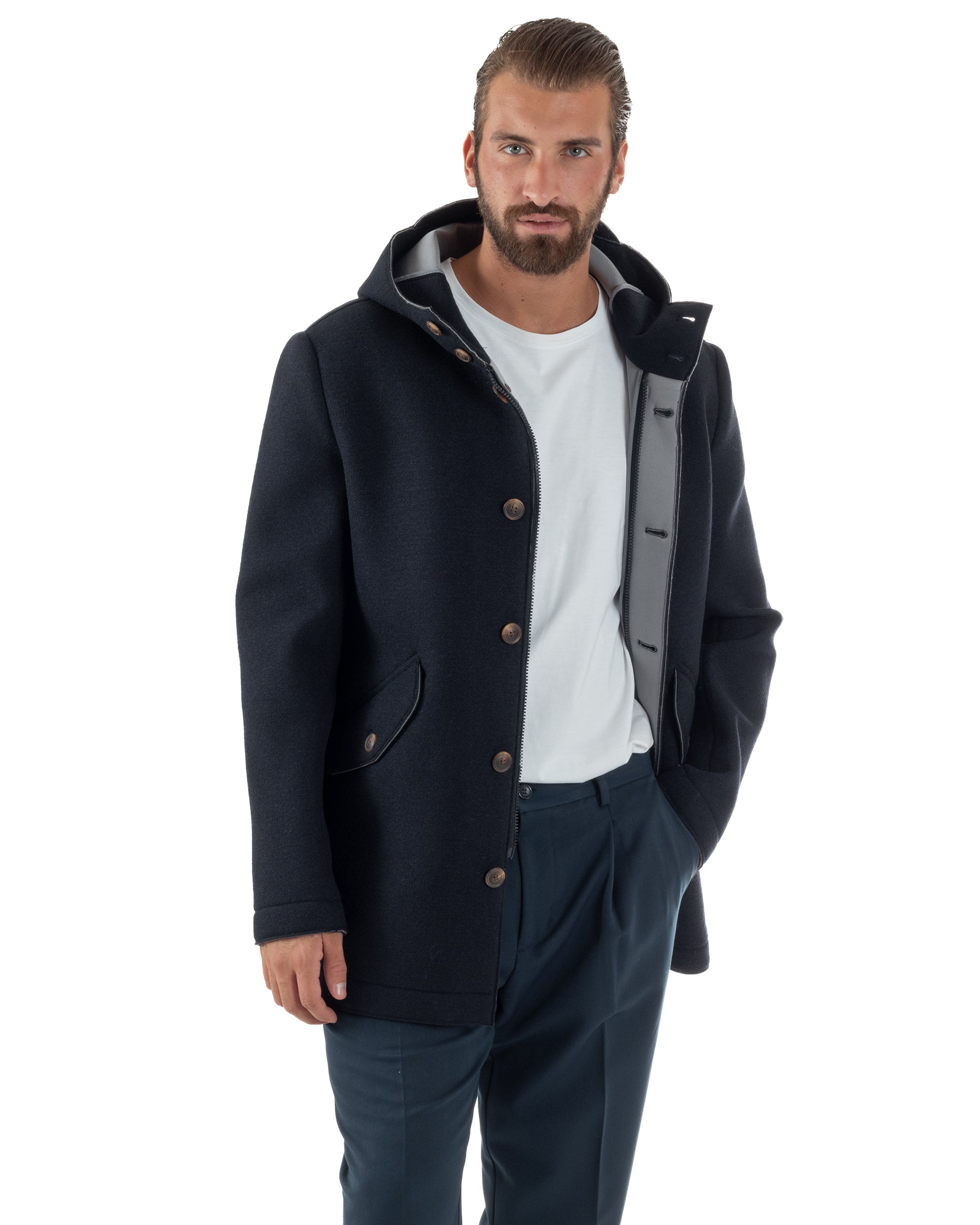 Cappotto Uomo Parka Lungo Cappuccio Tessuto Scuba Lana Blu Over-D OC1F2W5J35