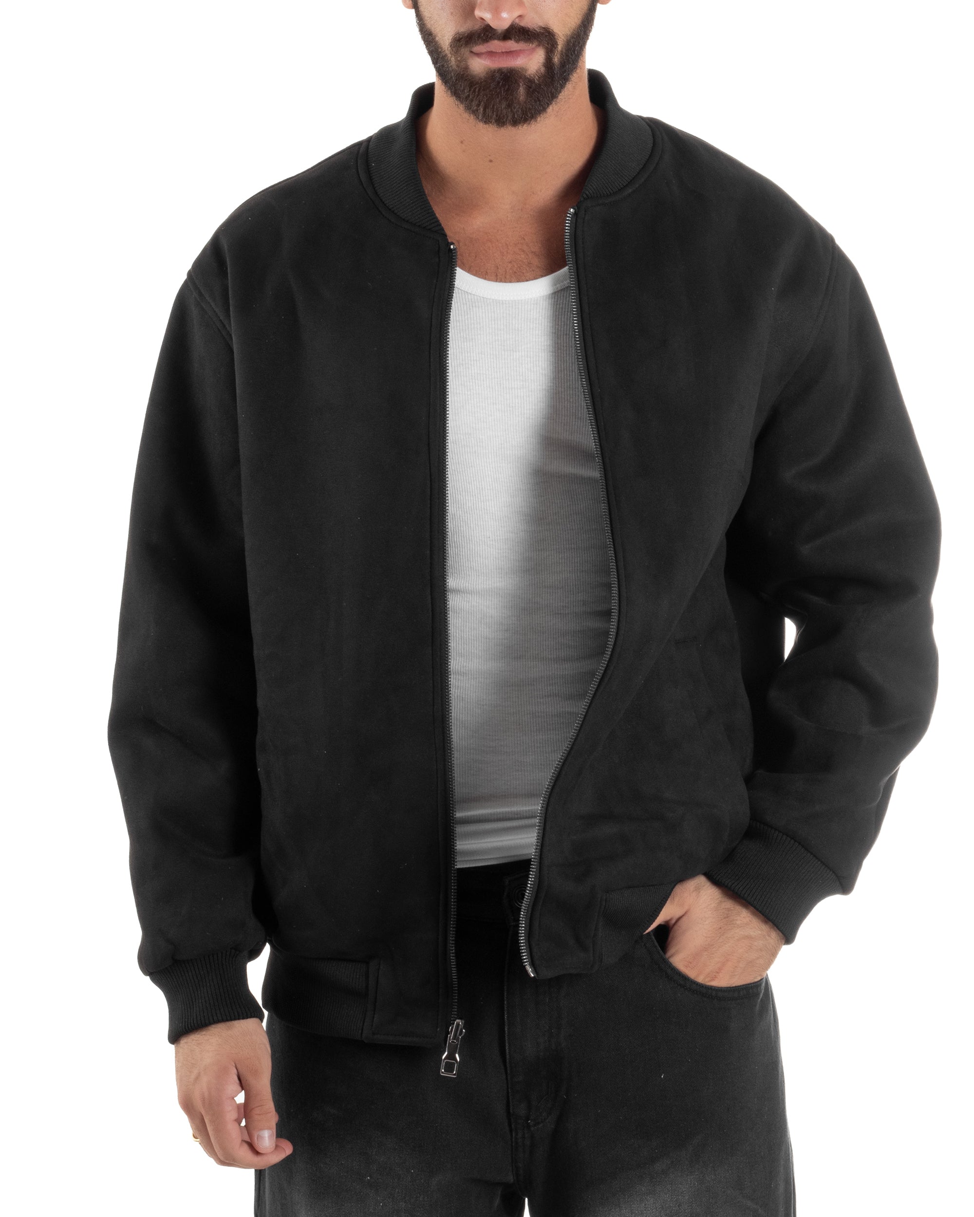 Giubbotto Double Face Bomber College Ecopelle Camoscio Nero G3340A