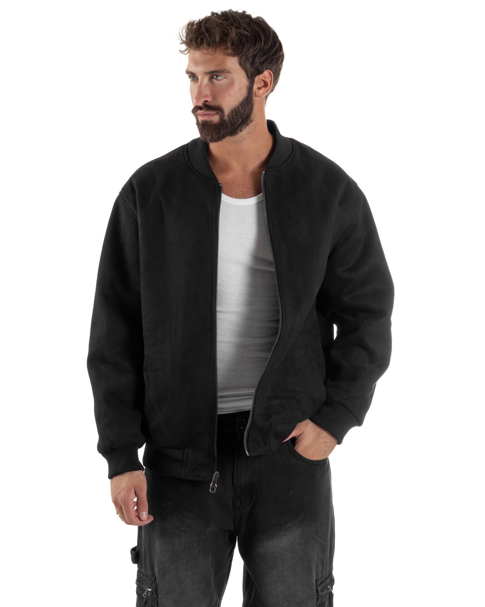 Giubbotto Double Face Bomber College Ecopelle Camoscio Nero G3340A