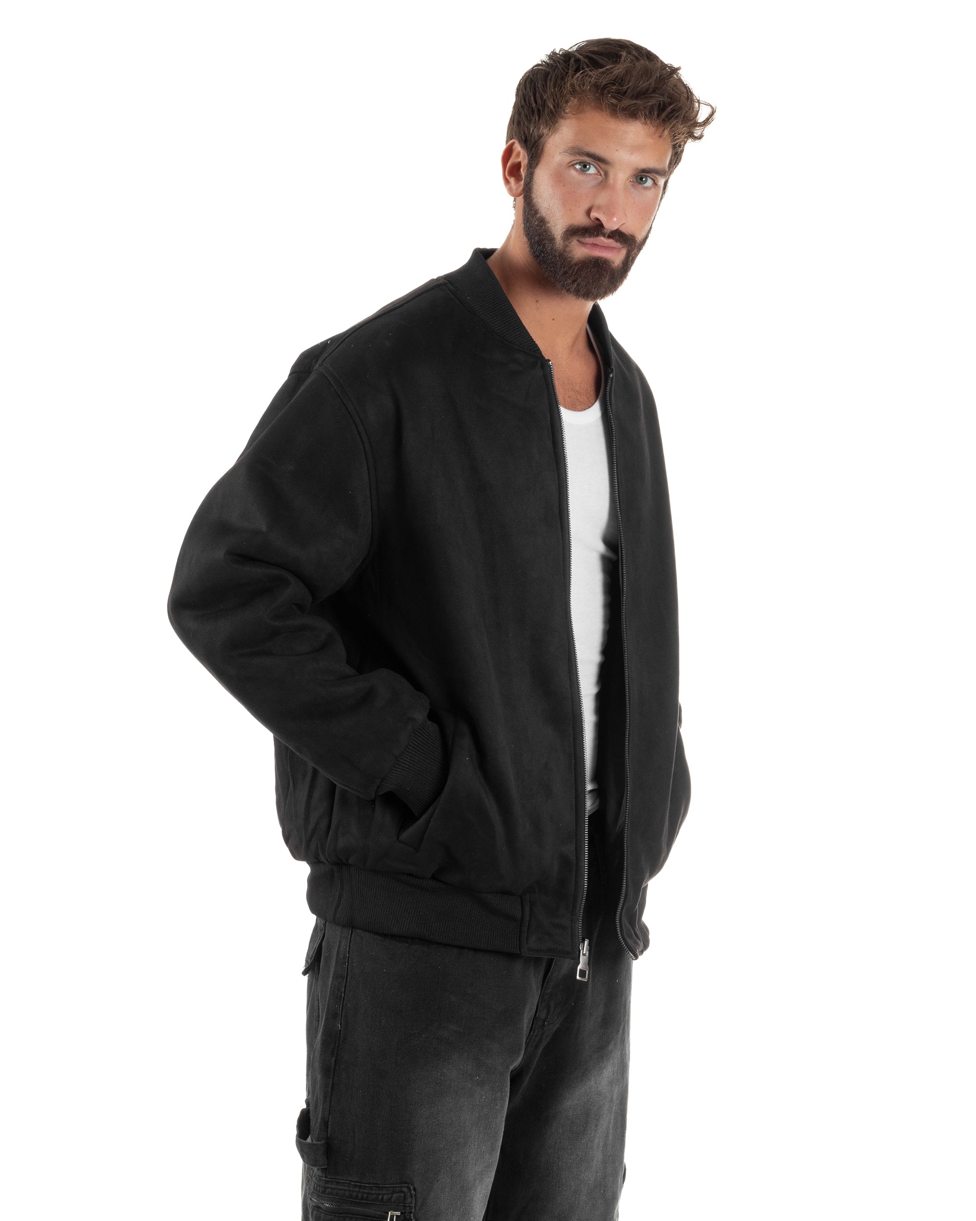 Giubbotto Double Face Bomber College Ecopelle Camoscio Nero G3340A