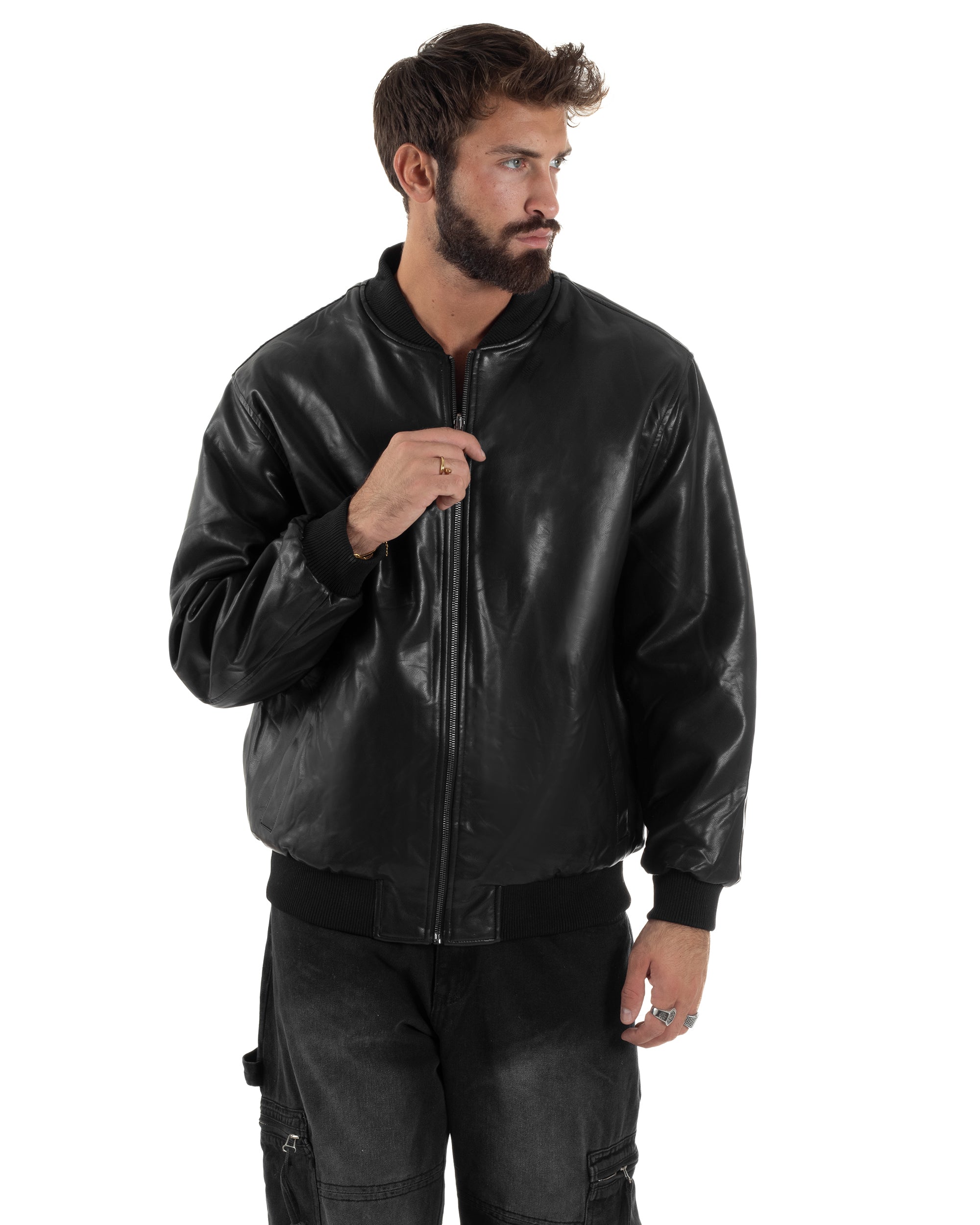 Giubbotto Double Face Bomber College Ecopelle Camoscio Nero G3340A