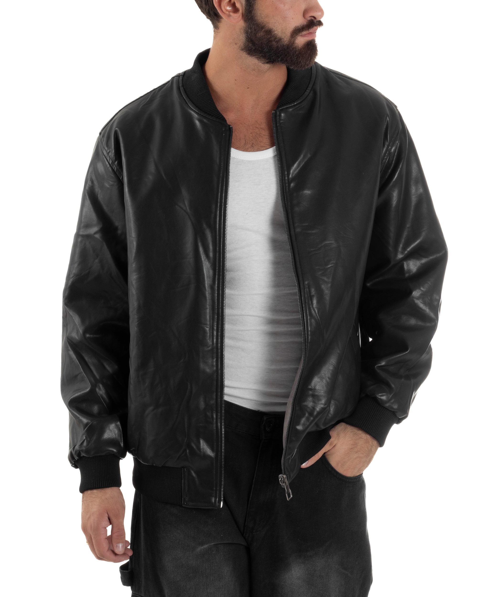 Giubbotto Double Face Bomber College Ecopelle Camoscio Nero G3340A