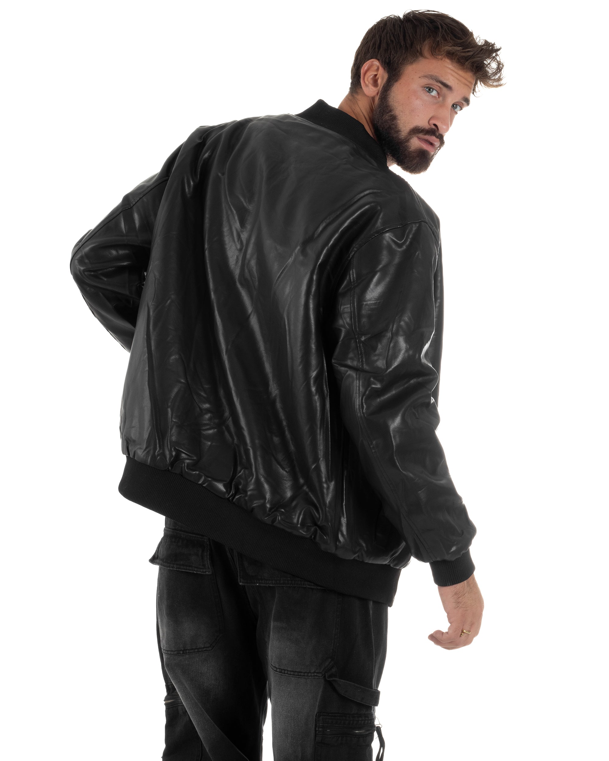 Giubbotto Double Face Bomber College Ecopelle Camoscio Nero G3340A