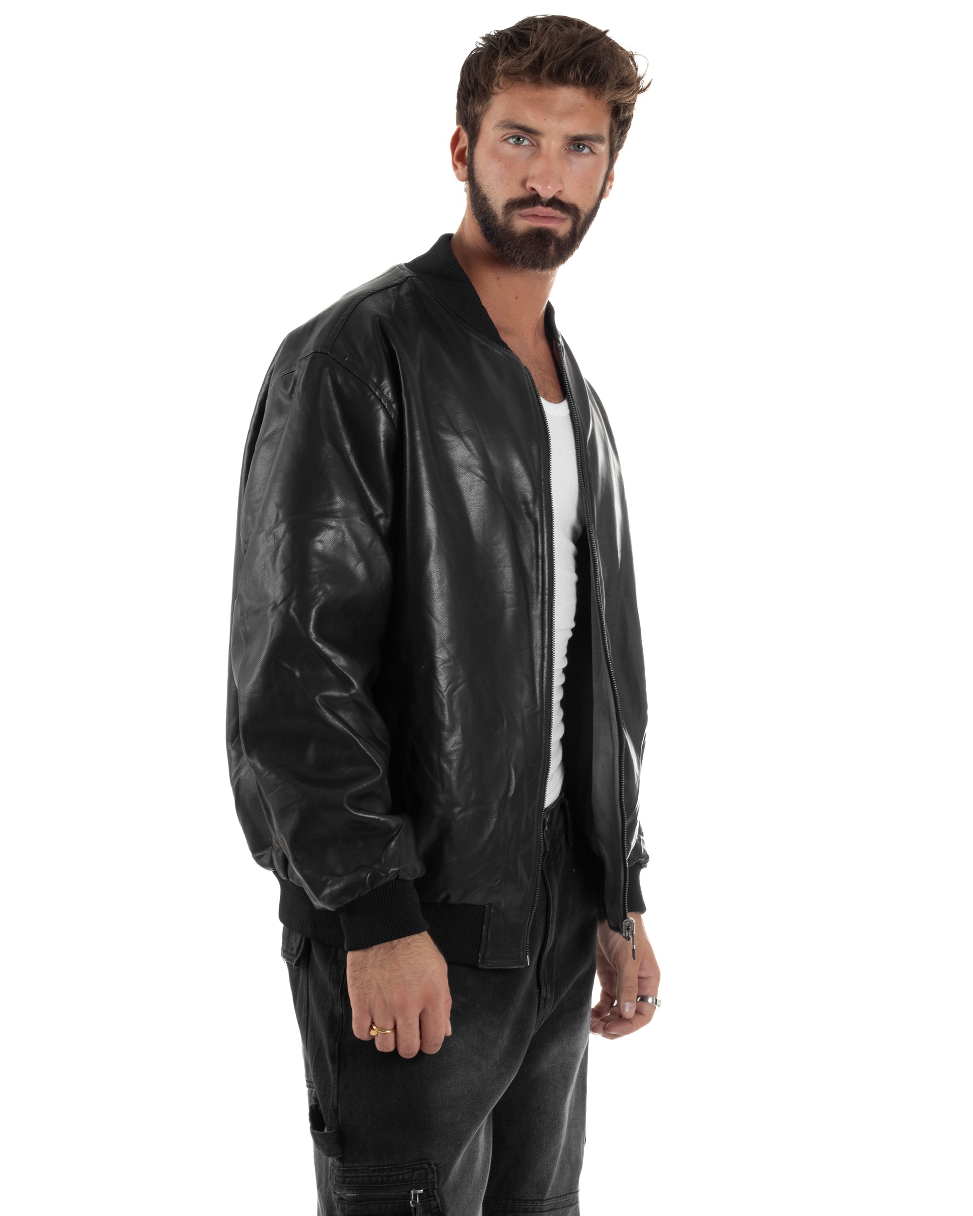 Giubbotto Double Face Bomber College Ecopelle Camoscio Nero G3340A