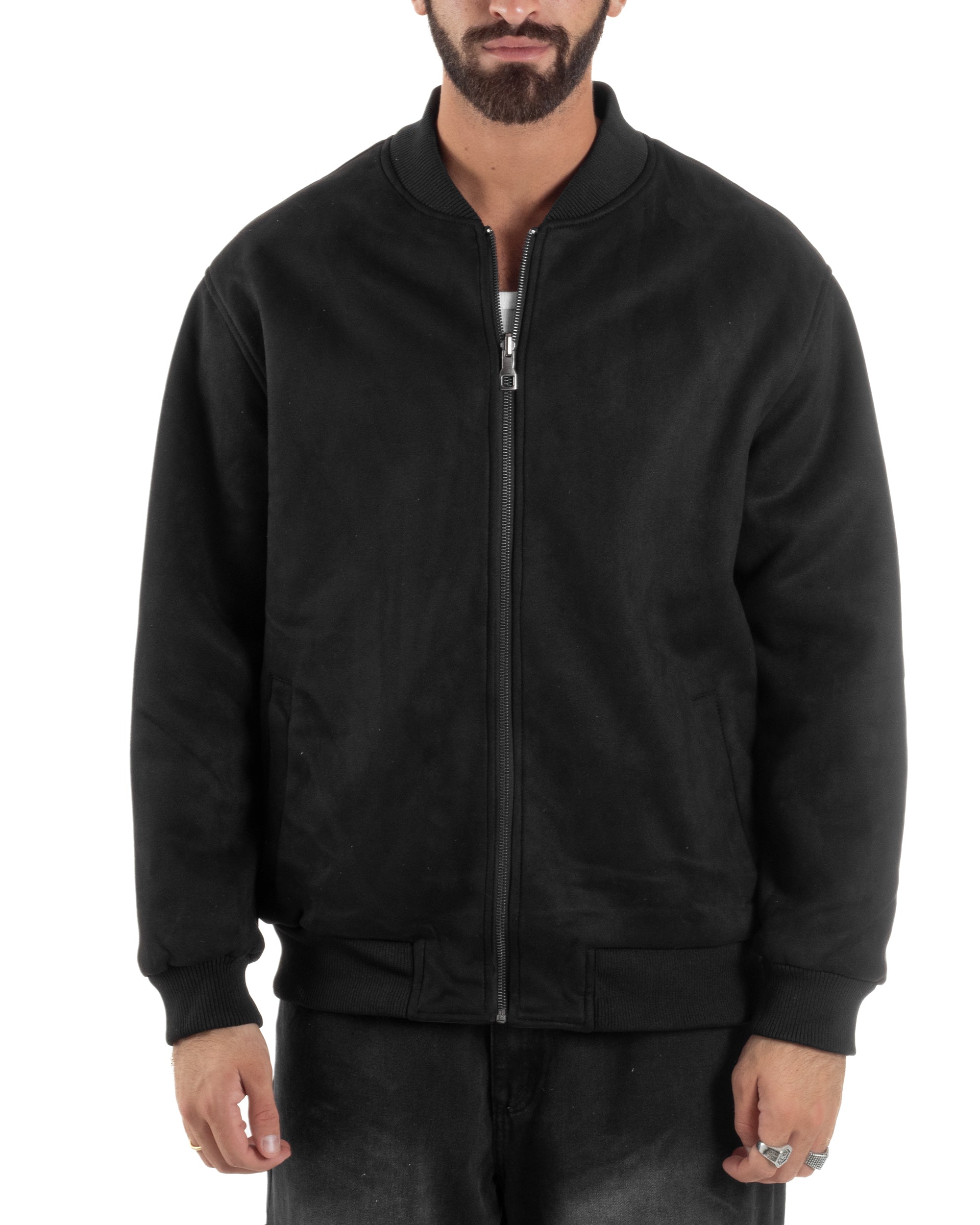 Giubbotto Double Face Bomber College Ecopelle Camoscio Nero G3340A