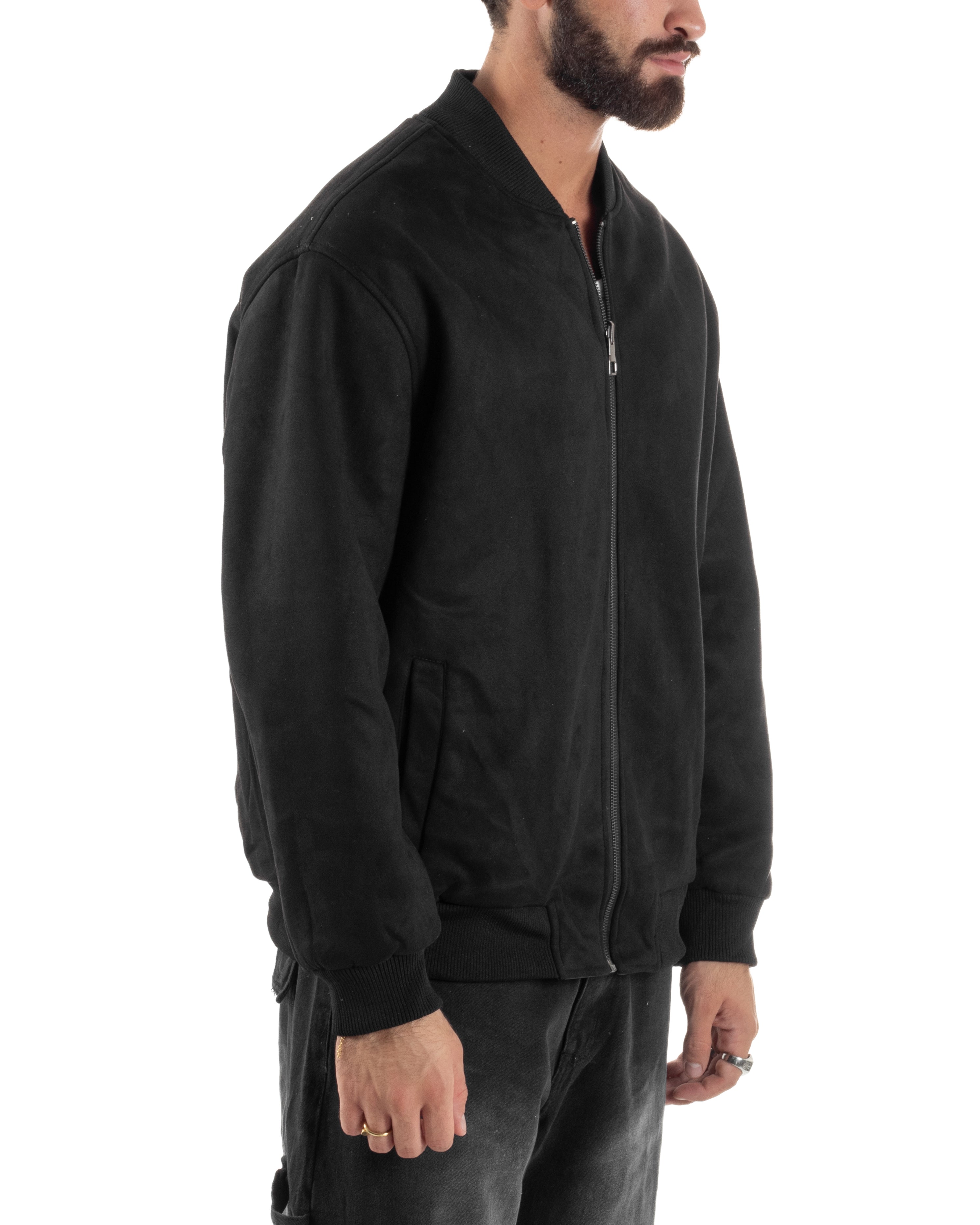 Giubbotto Double Face Bomber College Ecopelle Camoscio Nero G3340A