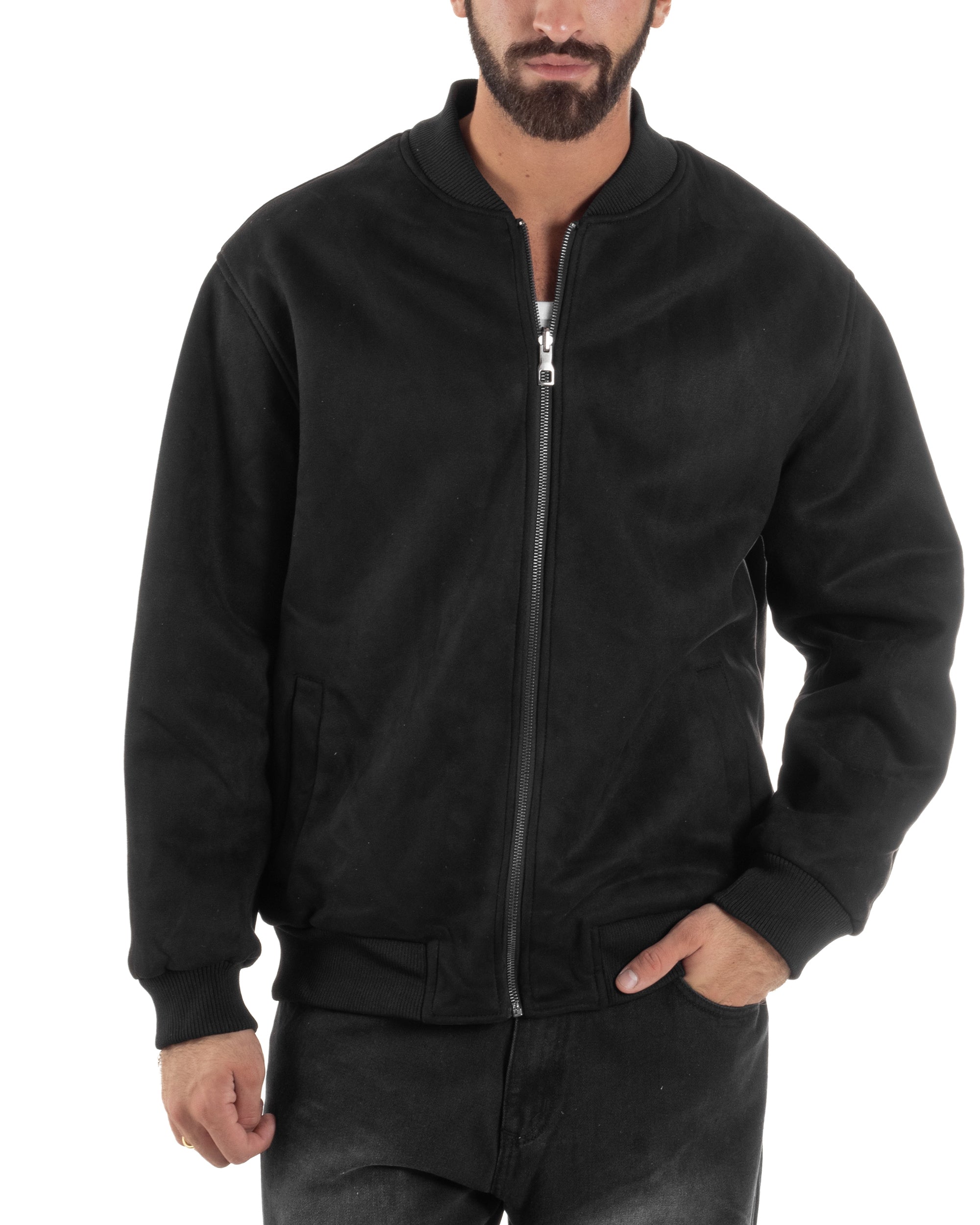 Giubbotto Double Face Bomber College Ecopelle Camoscio Nero G3340A