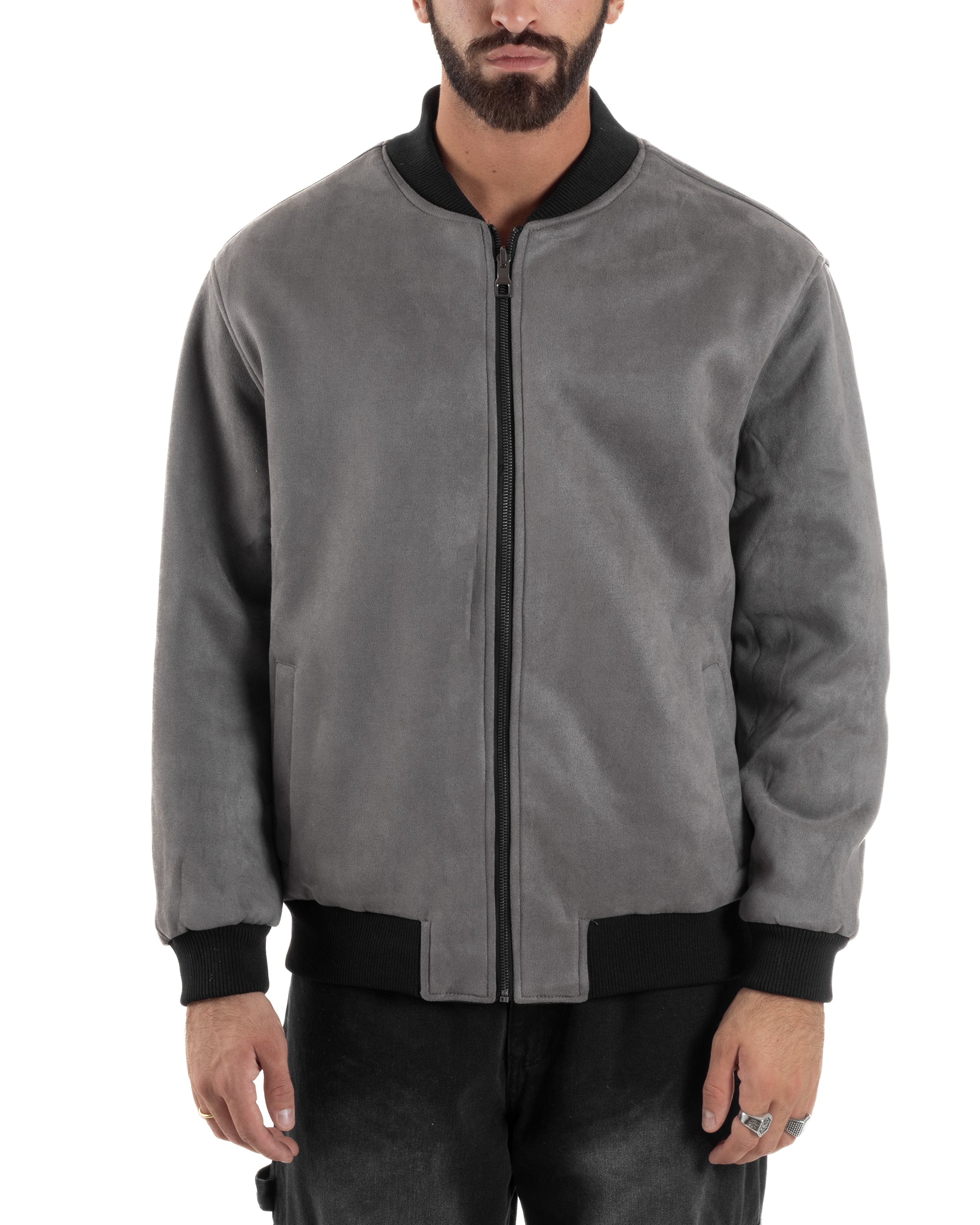 Giubbotto Double Face Bomber College Ecopelle Camoscio Grigio G3341A