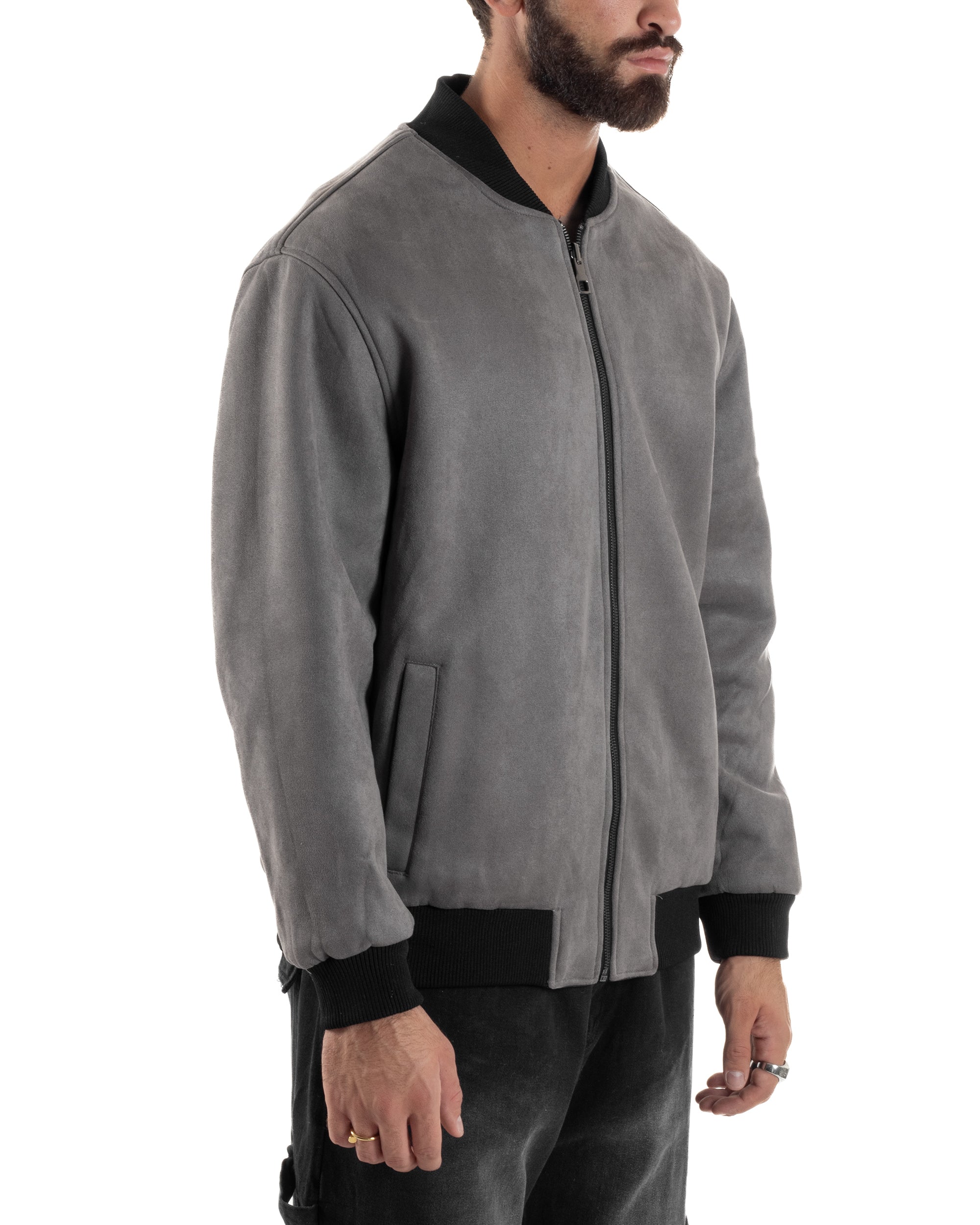Giubbotto Double Face Bomber College Ecopelle Camoscio Grigio G3341A