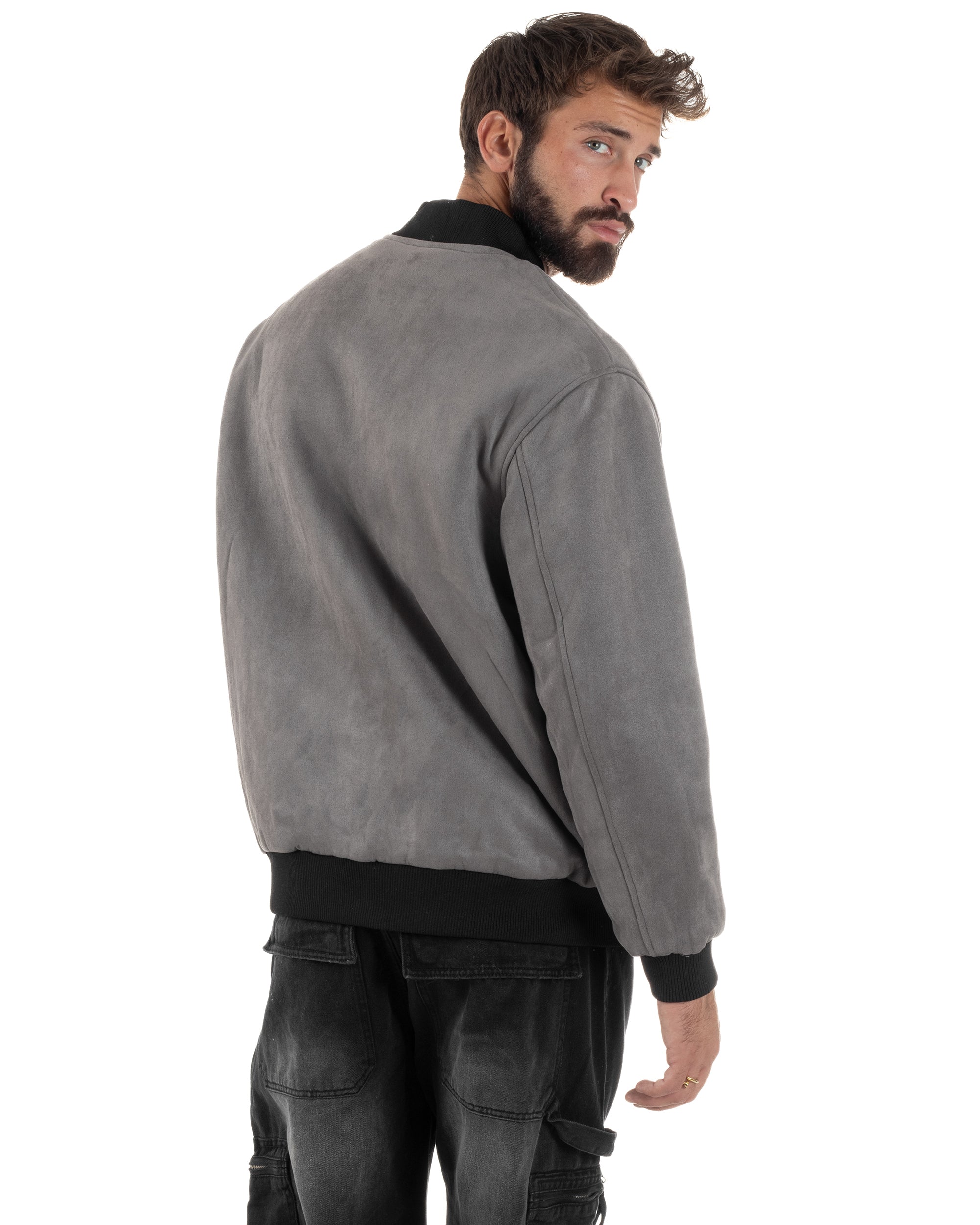 Giubbotto Double Face Bomber College Ecopelle Camoscio Grigio G3341A