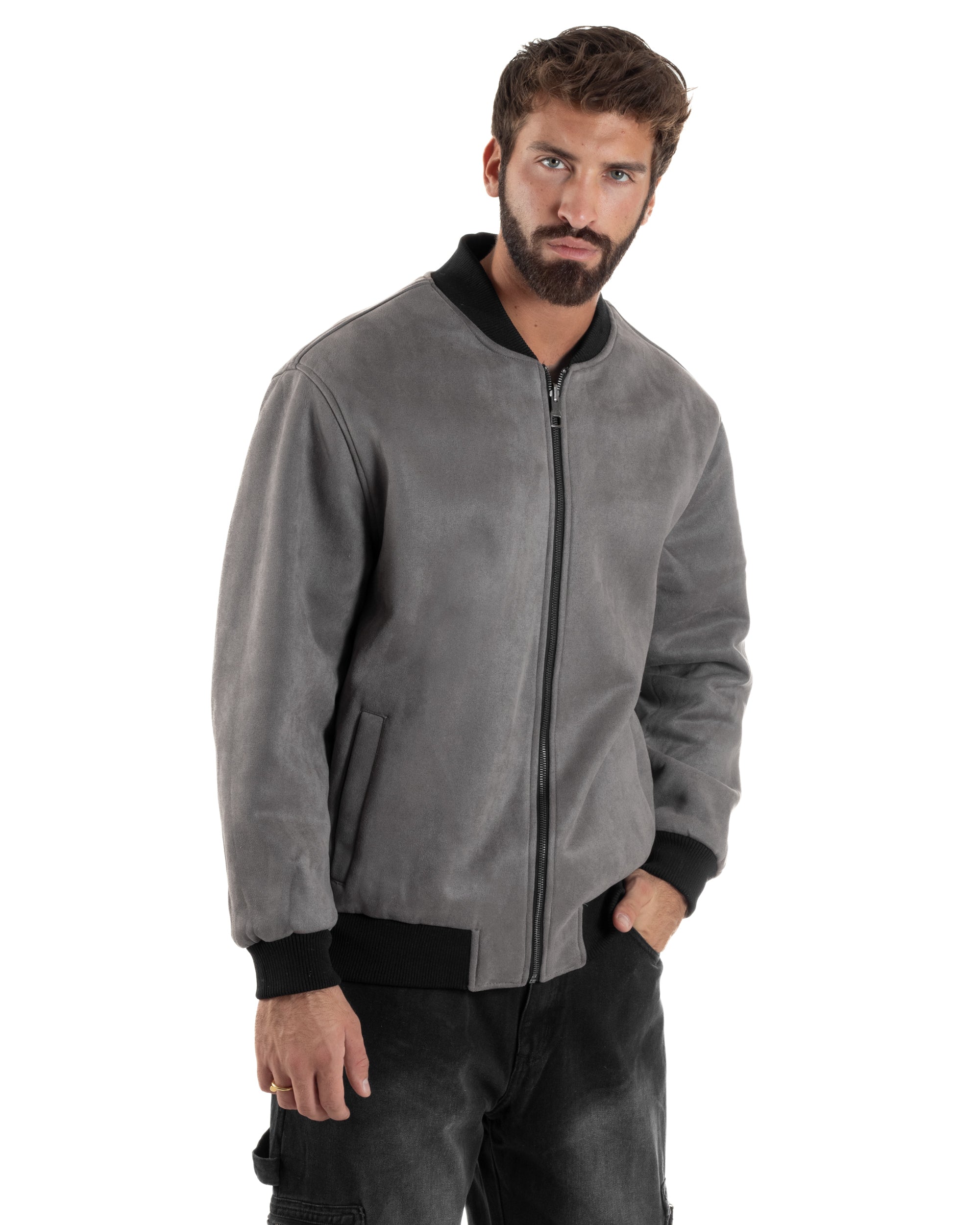 Giubbotto Double Face Bomber College Ecopelle Camoscio Grigio G3341A