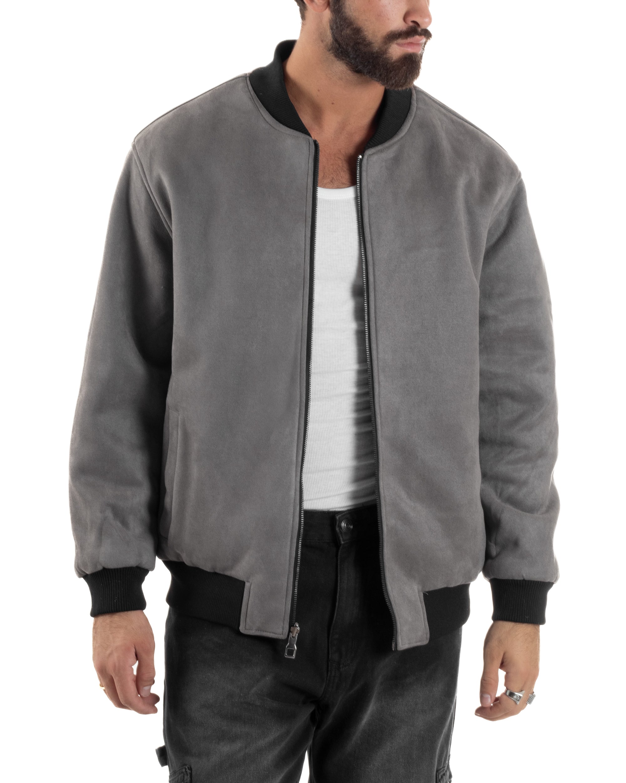 Giubbotto Double Face Bomber College Ecopelle Camoscio Grigio G3341A