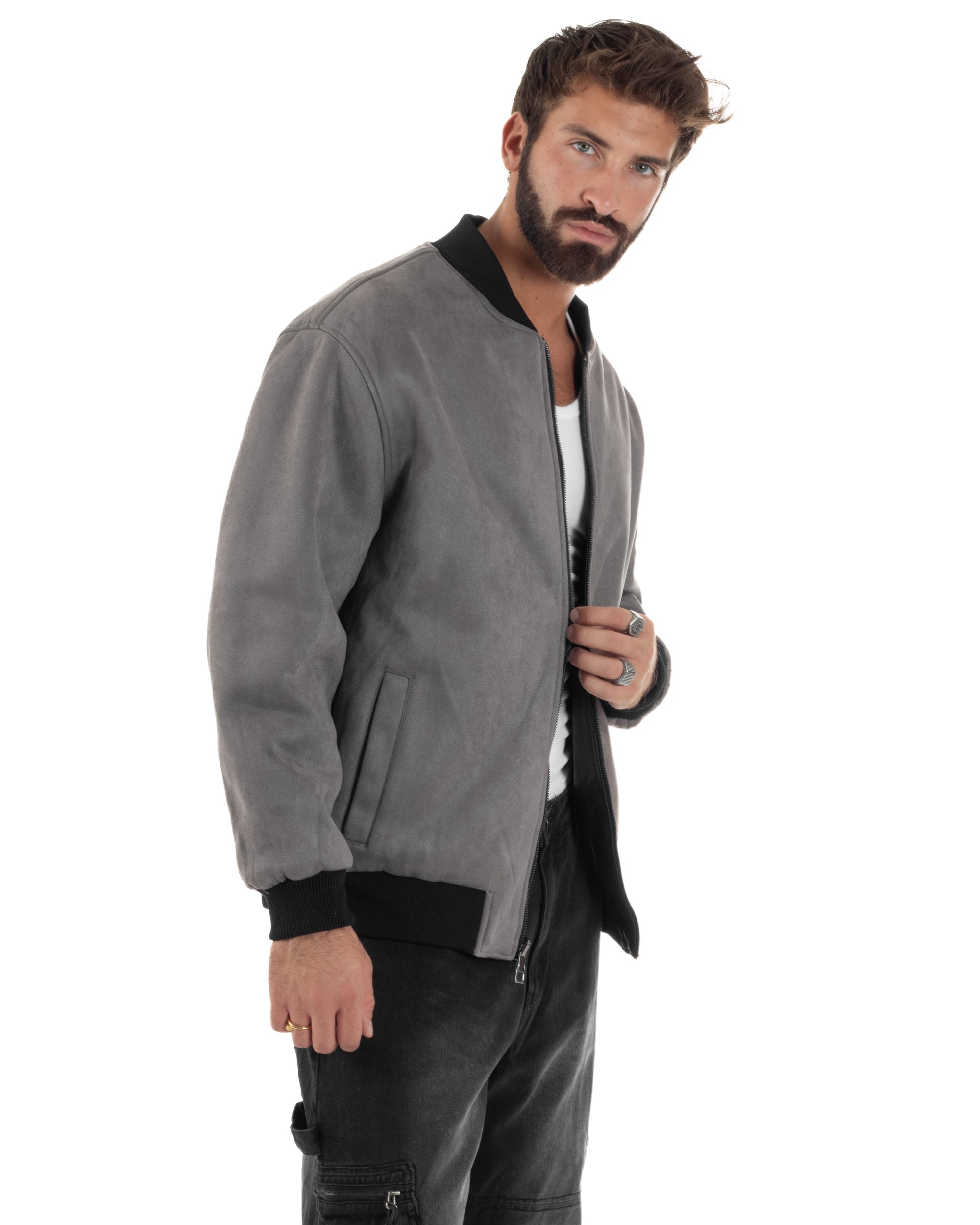 Giubbotto Double Face Bomber College Ecopelle Camoscio Grigio G3341A